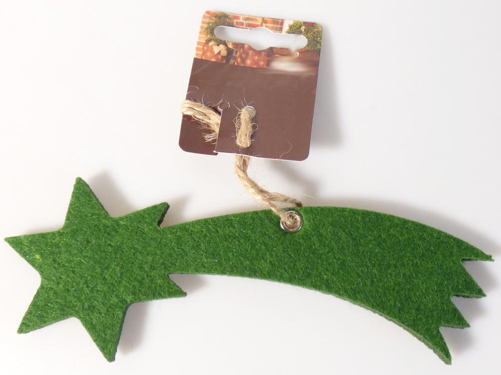 Nach den Antragsangaben und der vorliegenden Warenprobe handelt es sich um flache, etwa 6 cm × 16 cm × 0﻿,﻿5 cm große Spinnstoffzuschnitte aus Vliesstoffen. 
Die in verschiedenen Farben (braun, grün, rot oder wollweiß) erhältlichen Anhänger sind mit einer Öse ausgestattet, an der sich eine Aufhängekordel aus Jute befindet. Sie sind an einem bedruckten Pappaufhänger (Etikett) befestigt.

Derartig gestaltete Schweifsterne dienen als Dekorationsartikel traditionell der Ausgestaltung der Weihnachts- bzw. Adventszeit.

Zolltarifrechtlich handelt es sich um "Weihnachtsfestartikel, nicht aus Glas".