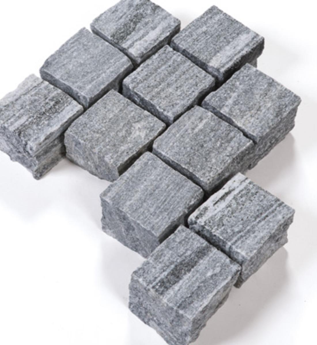 Angaben:
Pflastersteine BIASCA AMBIENTE geflammt; Bearbeitung: Oberfläche geflammt, Seiten gespalten, Unterseite gesägt; Material: Gneis; Farbe: silbergrau-liniert.

Befund:
Bearbeitete Werksteine und Waren daraus.