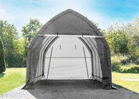 Sogenannte Garage (Foliengerätehaus), Ware in der Aufmachung für den Einzelverkauf, verpackt in Kartons, zur Selbstmontage, bestehend aus einem einfach und schnell zusammensteckbaren Gerüst aus pulverbeschichteten Stahl und einer kunststoffbeschichteten textilen Plane (Polyethylen). An einer Stirnseite zu öffnen. Die Stirnwand kann geöffnet nach oben gerollt und mittels Laschen offen befestigt werden. 
Weitere Eigenschaften:
Maße: 390 x 610 x 370 cm
Bögen: Ø 40 x 1﻿,﻿2 mm
Pfetten: Ø 25 x 1﻿,﻿2 mm
Gewebe: 450 g/m² PVC
Farbe: Außen grau, innen weiß
Material: Stahl und PVC
6 Bögen, 6 Streben als Rahmen
Das Produkt hat keinen Boden und ist zur dauerhaften ortsfesten Nutzung.

 - Antragstellerangaben -

 
Abbildung siehe Anlage.

 
Das Erzeugnis ist zur dauerhaften ortsfesten Nutzung bestimmt. Bei der aus verschiedenen Stoffen bestehenden Ware ist das "Gestell" aus Stahl charakterbestimmend in Bezug auf die Verwendung (Formstabilität) und in Bezug auf das Gewicht.

  Derartige Warten sind als "andere Konstruktionen aus Stahl" der Codenummer 7308 9098 90 0 zuzuweisen.