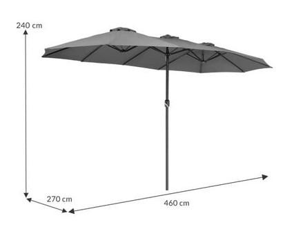 Sonnenschirm, sog. Doppelsonnenschirm UV-Schutz 40+, Foto siehe Anlage,
ein Warenmuster wurde nicht vorgelegt, die Einreihung erfolgt anhand der Antragsangaben,
- mit einem zweiteiligen Gestell und drei Verstrebungssystemen aus unedlem Metall (Stahl),
- mit einem Bezug aus einem textilen Flächenerzeugnis (Polyester); mit drei Windöffnungen
  am oberen Ende,
- durch ein Kurbelsystem am Gestell zu öffnen und zu schließen,
- annähernd rechteckig; mit den Abmessungen: ca. 460 cm (Länge) x 270 cm (Breite) x 240 cm (Höhe),
- ohne Schirmbefestigung oder Schirmsockel,
- zur Aufstellung auf dem Boden bestimmt,
- in unterschiedlichen Farben,
- mit einer Bedienungsanleitung als Beipack.

"Sonnenschirm, Gartenschirm"