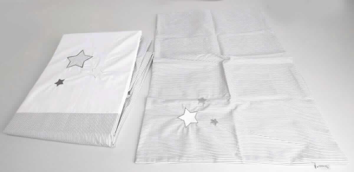 Bettwäsche, sog. Kinderbettwäsche Art. 9211971, Foto siehe Anlage,
- zweiteilige Zusammenstellung, bestehend aus einem Deckbettbezug und einem Kopfkissenbezug; gemeinsam in 
  einem bedruckten Pappkarton mit klarsichtigem Kunststofffenster verpackt,
- Deckbettbezug:
-- laut Antrag in den Abmessungen: 100 cm x 135 cm,
-- aus verschiedenen, ca. 0,2 mm dicken, einfarbigen und buntgewebten Geweben, 
-- am unteren Rand mit einer Öffnung mit Knopfverschluss, 
- Kopfkissenbezug:
-- laut Antrag in den Abmessungen: 40 cm x 60 cm, 
-- aus ca. 0,2 mm dicken, buntgewebten Geweben,
-- an einer Schmalseite mit einer Öffnung ohne Verschluss, 
- alle Gewebe aus laut Antrag 60 % Baumwolle und 40 % Polyester (synthetische Chemiefasern),
- auf den jeweiligen Vorderseiten mit aufgestickten Sternen verziert, 
- durch Zusammennähen konfektioniert,
- wird üblicherweise gewaschen und kennzeichnet sich nach dem Verwendungszweck und der 
  Beschaffenheit als Bettwäsche.

"Bettwäsche, aus Spinnstoffen, aus Geweben, nicht bedruckt, aus Baumwolle"