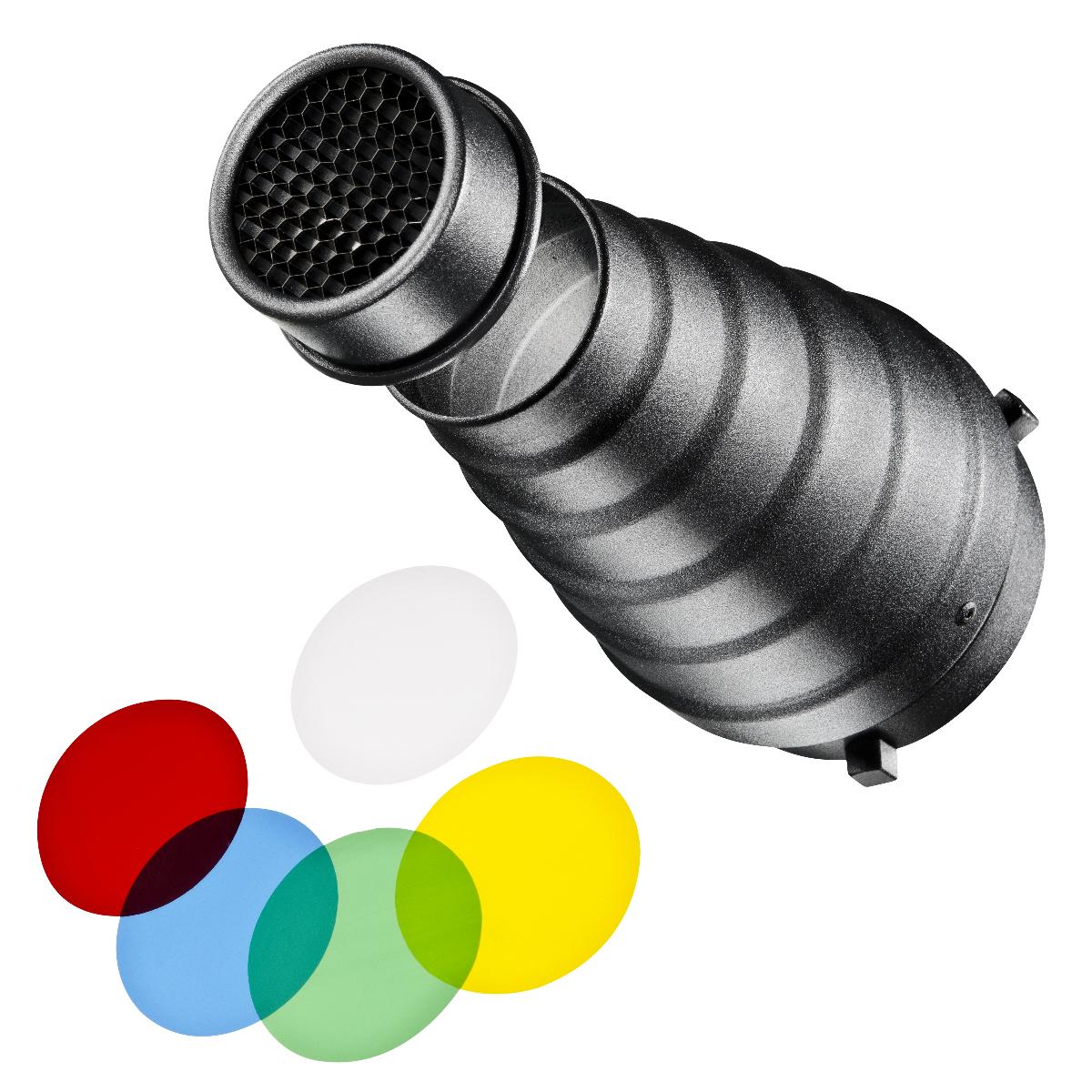 Sog. Spotvorsatz-Set Walimex pro & K, Artikelnummer 12964, in Form einer Warenzusammenstellung in Aufmachung für den Einzelverkauf, im Wesentlichen bestehend aus einem mehrteiligen Set aus einem kegelförmigen, abgestuften und hohlen Aufsatz aus Metall (charakterbestimmender Bestandteil im Hinblick auf die Bedeutung für die Verwendung), mit zwei verschiedenen, am schmalen Ende des Aufsatzes aufzusteckenden Wabeneinsätzen, mit einem Durchmesser von 60 mm und einer Länge von 210 mm, Gewicht: 120 g sowie verschiedenen Farbfiltern aus Kunststofffolie (rot, grün, blau, gelb und transparent), die unterschiedliche Effekte und Farbvariationen ermöglichen. Der Spotvorsatz ist passend für alle Blitzlichtgeräte der "walimex pro VE, VC & VC PLUS"-Serien sowie der "walimex K"-Serie. Die Ware dient nach Montage an ein Blitzlichtgerät zur Bündelung des Lichtes für eine punktuelle Beleuchtung insbesondere in der Portrait- und Beautyfotografie. Der Wabenfilter vermindert zusätzlich die Streuung des Lichtes. Die Bestandteile sind gemeinsam in einem Pappkarton verpackt.
Zur äußeren Form siehe Abbildung in der Anlage.

Die Ware wird als "Zubehör, erkennbar hauptsächlich für Blitzlichtgeräte für fotografische Zwecke bestimmt" eingereiht.