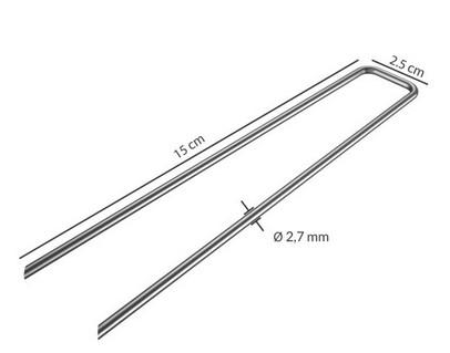 Es handelt sich um 50 annähernd U-förmig gebogene und an beiden Enden zugespitzte Stahldrahtabschnitte mit rundem Querschnitt (Querschnittsabmessung: weniger als 16 mm).
Die verzinkten Waren werden in den Boden eingebracht und dienen zur Befestigung von z. B. Gartenschläuchen, Zelten oder Pavillons.
Länge x Breite: 150 x 25 mm.
- Antragstellerangaben -

Abbildung siehe Anlage.

Derartige Erzeugnisse gehören als "andere Krampen oder Klammern aus Stahldraht" zum TARIC-Code 7317 00 60 00.