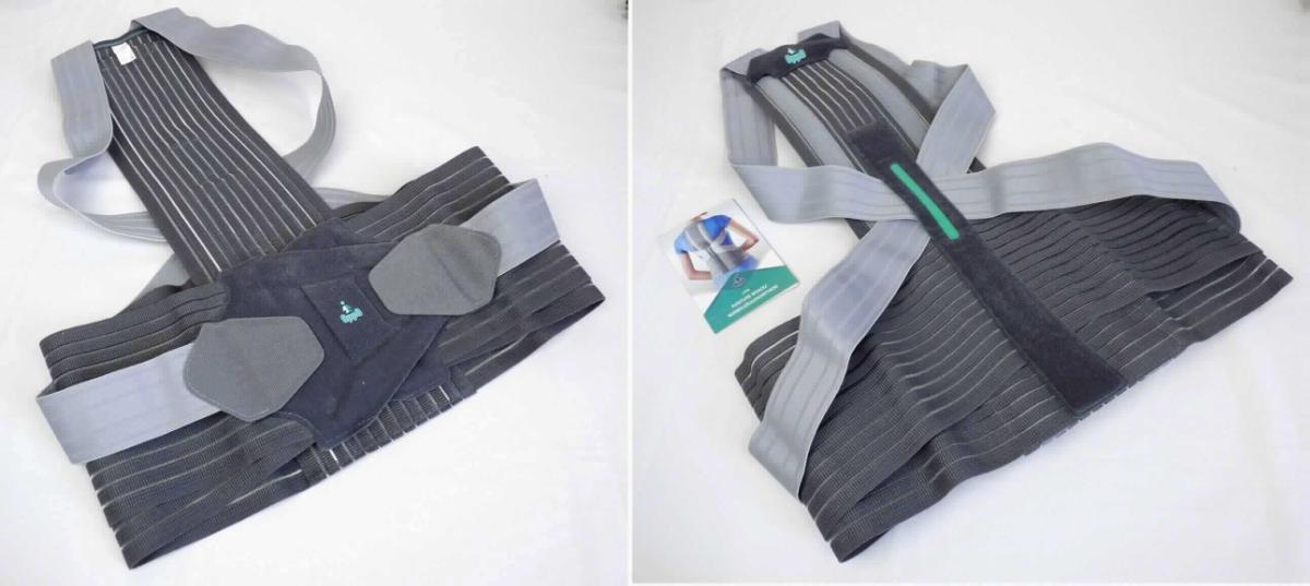 Mahnorthese (Geradehalter) , sog. Posture Brace Wirbelsäulenorthese, Art.-Nr. 2356, im Wesentlichen bestehend aus einer Beckenbandage aus elastischem Netzmaterial, hintere Höhe ca. 21 cm, vordere Höhe ca. 15 cm, vorn mit einem Klettverschluss zu schließen, mit einem zwischen den Schulterblättern anzulegenden, annähernd rechteckigen, unelastischen Rückenteil aus Spinnstoffen (L x B ca. 58 x 15 cm), mit zwei entnehmbar in Taschen eingearbeiteten, anatomisch geformten, starren Metallschienen (ca. 1 cm breit und 53 cm lang) sowie zwei elastischen Schultergurten, welche im Rücken über Kreuz verlaufen  und vorn mittels Klettverschluss geschlossen werden.
Äußere Form: siehe Abbildungen in der Anlage.
Die Ware wird nach dem Rucksackprinzip am Rumpf fixiert und bewirkt durch die Metallschienen ein aktives Aufrichten und eine Entlastung der Wirbelsäule bei Haltungs- und/oder Muskelschwäche sowie Haltungsrückenschmerzen und somit eine gerade Körperhaltung, mithin ein Korrigieren der Haltung durch die Stabilität der Vorrichtung. 

Die Ware, welche mit einer Anleitung in einem Pappkarton verpackt ist, wird als "orthopädische Vorrichtung für Menschen" eingereiht.