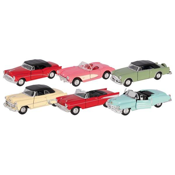 Bei dem als "Oldtimer Kollektion US, 6fach, 12er Display, Artikel 12297" bezeichneten Erzeugnissen handelt es sich um Spielzeugautos,
- im Spritzgussverfahren hergestellte Modelle eines Oldtimers darstellend,
- in den Abmessungen von ca. 12 x 3,5 x 4 cm (L x H x B),
- mit einer Karosserie und Achsen aus unedlem Metall,
- mit Unterboden, Fenstern, Stoßstangen und Innenraum aus Kunststoff,
- mit beweglichen Rädern aus Kunststoff oder Kautschuk,
- mit einer Variante ohne Dach und einer Variante mit geschlossenem Dach aus Kunststoff,
- mit einem Rückzugmotor versehen,
- in verschiedenen Farbausführungen erhältlich,
- dient der spielerischen Unterhaltung von Kindern,
- jeweils in einer farbigen Fensterbox verpackt (lt. Antragsangaben).

Betreffend der Variante ohne Dach bestimmt im Hinblick auf das äußere Erscheinungsbild sowie nach Umfang das unedle Metall den Charakter der aus verschiedenen Stoffen zusammengesetzten Ware.
Bezüglich der Variante mit geschlossenem Dach bestimmt im Hinblick auf das äußere Erscheinungsbild das unedle Metall den Charakter der Ware, aufgrund des Umfangs der Kunststoff. Da keiner der beiden Stoffe den Charakter der Ware bestimmt, erfolgt die Einreihung in Anwendung der AV 3 c) i.V.m. AV 6 in die zuletzt genannte der gleichermaßen in Betracht kommenden Unterpositionen (KN).

Derartige Erzeugnisse werden zolltarifrechtlich als "anderes Modell als von den Unterpositionen (KN) 9503 0010 bis 9503 0070 erfasst, mit eingebautem Motor, nicht aus Kunststoff" eingereiht.