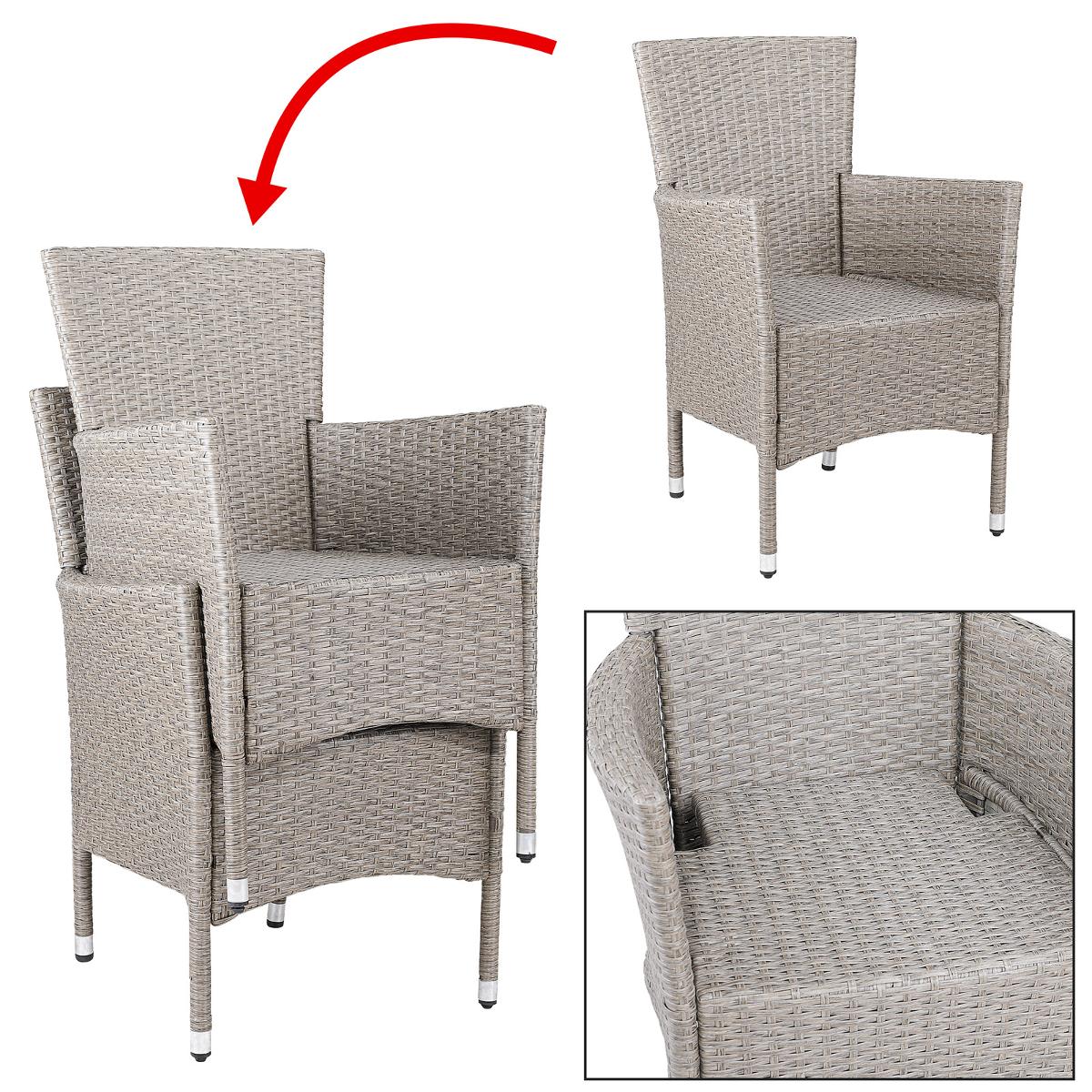 Es handelt sich bei den sog. „Polyrattan 2-er Set Gartenstuhl“ um eine aus verschiedenen Bestandteilen zusammengesetzte Ware, bestehend aus zwei ca. 59 x 59 x 88 cm (L x B x H) großen Sitzmöbel mit einem Gestell aus pulverbeschichteten Stahl, welches vollständig aus einem Kunststoffgeflecht in Rattan-Design umflochten ist und jeweils einer passgenauen, lose aufgelegten, 46 x 48 x 7 cm (L x B x H) großen Sitzauflage. Die Ware ist in den Farben grau/anthrazit; schwarz/creme; braun/creme; creme/beige verfügbar.

Der Charakter der Ware wird aufgrund des Umfangs und der Bedeutung für die Verwendung von den Sitzmöbeln bestimmt. Das auf den Boden zu stellende Erzeugnis dient der Ausstattung von z.B. Terrassen.

Die noch nicht zusammengesetzte Ware ist als "anderes als von der Position 9402 erfasstes Sitzmöbel, mit Gestell aus Metall, nicht gepolstert" einzureihen.