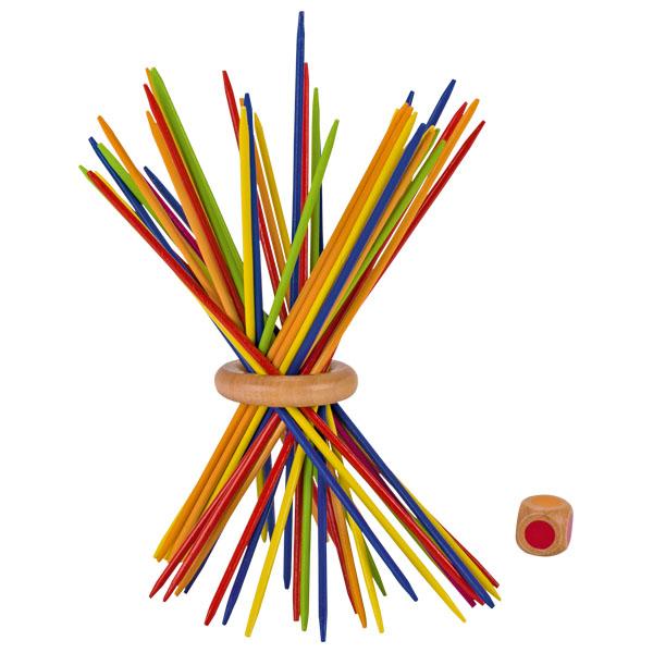Nach den Angaben der Antragstellerin handelt es sich bei dem "Artikel 56833-Mikado farbenfroh" um ein Gesellschaftsspiel für 2-4 Spieler, bestehend aus
- 41 bunt gefärbten, ca. 18 cm langen Spielstäben aus Bambus,
  (jeweils acht Stäbe in blau, rot, gelb, orange und grün, ein Stab in pink)
- einem Holzring mit einem Durchmesser von 35 mm
- und einem Holzwürfel mit einer Kantenlänge von 16mm und mit jeweils einem farbigen Punkt (in blau, rot, gelb, orange, grün oder pink).

Der Holzring wird über alle Mikadostäbe gezogen und mittig platziert, dann werden die Stäbe hingestellt und aufgefächert. Mit dem Würfel würfeln alle Spieler der Reihe nach, wer pink würfelt, beginnt. Er würfelt erneut und muss einen Stab der gewürfelten Farbe aus dem Holzring ziehen. Jeder Farbe ist eine Punktzahl zugeordnet (Grün=1, Orange=2, Gelb=3, Rot=5, Blau=8, Pink=10). Es wird im Uhrzeigersinn weiter gewürfelt und gezogen, bis der Holzring die Spielfläche berührt, oder bis er nur noch von drei Stäben gehalten wird. Wenn er die Spielfläche berührt, wird der Stab, der den Zusammenfall verursacht hat, nicht mitgezählt. Wird eine Farbe gewürfelt, die nicht mehr im Spiel ist, muss der Spieler diese Runde aussetzen. Der Spieler mit der höchsten Punktzahl gewinnt das Spiel.

Die Ware ist in einer farbigen Pappschachtel mit einer Spieleanleitung für den Einzelverkauf aufgemacht und dient der spielerischen Unterhaltung.

Zolltarifrechtlich handelt es sich um ein "anderes als in den Unterpositionen (KN) 9504 2000 bis 9504 9010 genanntes Gesellschaftsspiel".