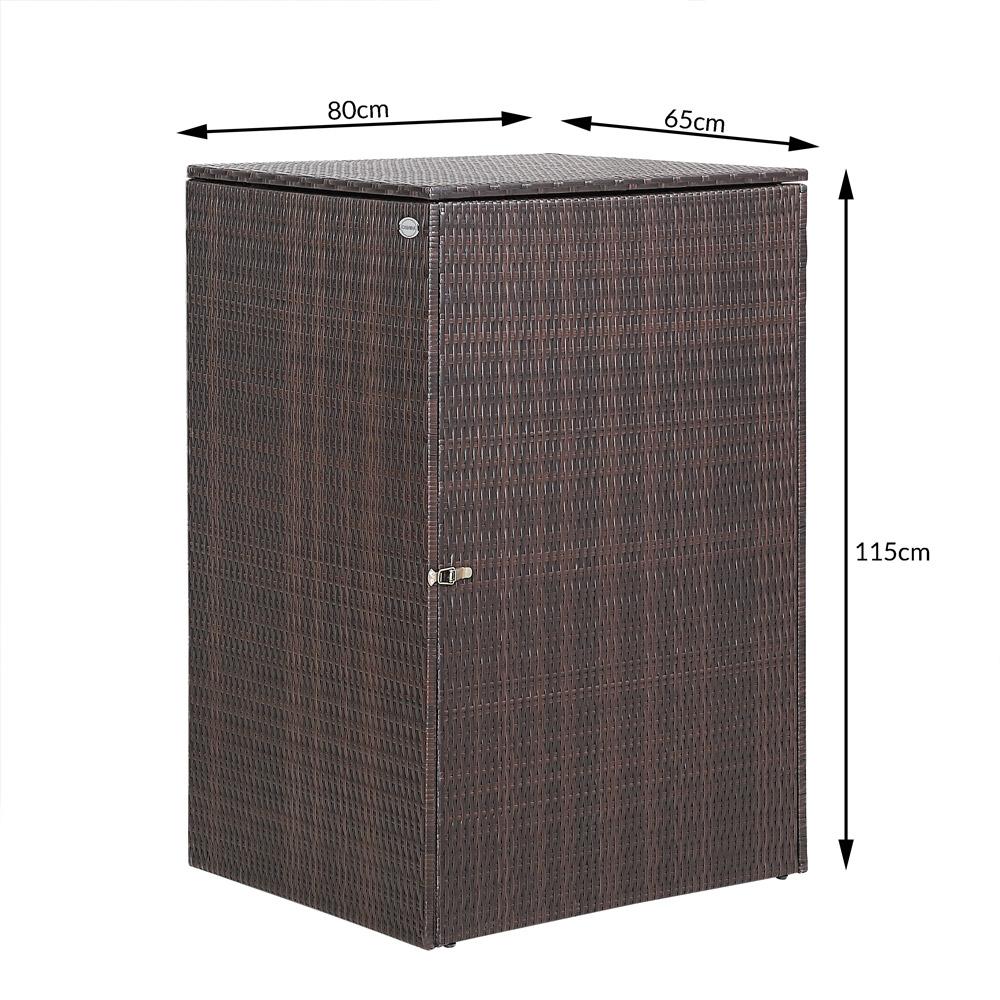 Nach den Angaben der Antragstellerin handelt es sich um eine sog. Mülltonnenbox Rattan-braun.
Das etwa 115 x 80 x 65 cm (HxTxB) Erzeugnis besteht aus drei Seitenwänden, einer nach vorn zu öffnenden Tür und einem aufklappbaren Deckel/Dach. 
Die Wände, die Tür und der Deckel bestehen jeweils aus einem Gestell aus Stahl, welches mit einem Geflecht aus sog Polyrattan (etwa 7-7,5 mm breite, 0,8-1 mm dicke Streifen aus Kunststoff = Flechtstoff im Sinne der Anmerkung 1 zu Kapitel 46) bespannt/umflochten ist.

Der Charakter der mit Montagematerial für den Einzelverkauf aufgemachten Ware wird im Hinblick auf die Verwendung (Sichtschutz) und den Umfang durch die Flechtstoffe bestimmt. 

Eine Einreihung als "Möbel" in die Position 9403 kommt nicht in Betracht, da die Ware keinen Boden aufweist und nur als Sichtschutz dient.

Zolltarifrechtlich handelt es sich um eine Ware, unmittelbar aus Flechtstoffen oder aus Waren der Position 4601 hergestellt, nicht aus pflanzlichen Stoffen".