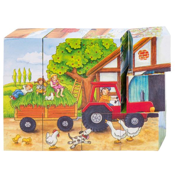Nach den Angaben der Antragstellerin sowie der vorliegenden Abbildung handelt es sich bei dem sog. "Würfelpuzzle Jahreszeiten Bauernhof, Artikel 57839" um eine Warenzusammenstellung in Aufmachung für den Einzelverkauf bestehend aus
- einem Puzzle für Kinder
-- mit 12 Würfeln aus Holz (Kantenlänge ca. 35 mm), deren sechs Seiten mit unterschiedlichen Motiven
   aus bedrucktem Papier beklebt sind
-- ohne Hinweis auf Fertigung in Handarbeit
- sechs Vorlagen in Form von ca. 14,0 x 10,5 cm großen Papierzuschnitten, die jeweils farbig mit einem
  Bauernhofmotiv bedruckt sind
- dient der spielerischen Unterhaltung von Kindern
- gemeinsam in einer bedruckten Pappschachtel für den Einzelverkauf aufgemacht.

Das Würfelpuzzle verleiht der Warenzusammenstellung nach Umfang und insbesondere im Hinblick auf die Verwendung ihren Charakter.

Die Würfel stellen sich als eine aus verschiedenen Stoffen zusammengesetzte Ware dar. Das Holz gibt dabei der Ware die Form, das bedruckte Papier ist jedoch im Hinblick auf den Verwendungszweck als Puzzle ausschlaggebend, da die verschiedenen aufgedruckten Motive passend zusammengelegt werden müssen. Im Hinblick auf die Verwendung und den Umfang ist somit kein charakterverleihender Stoff festzustellen. In Anwendung der AV 3 c) und der AV 6 ist die Ware daher der zuletzt der gleichermaßen in Betracht kommenden Unterpositionen (KN) (9503 0061 und 9503 0069) zuzuweisen.

Die Ware ist zolltarifrechtlich als „Puzzle aus anderen Stoffen als Holz“ einzureihen.
