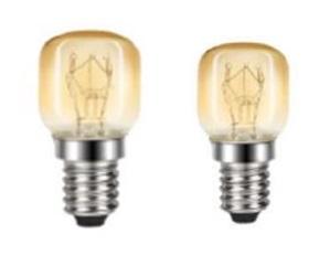 Backofenlampen T25 25W: Art.-Nr. 8671792 und Art.-Nr. 7609632 
 (Abbildungen siehe Anlage), 
- aus einem Glaskörper mit Glühfaden und E14 Schraubsockel,
- für eine Spannung von 220-240 Volt bei einer Leistung von 25 Watt, 
- zur Verwendung als Leuchtmittel in Backöfen.

"Elektrische Glühlampe, keine Wolfram-Halogen-Glühlampe, mit einer
  Leistung von weniger als 200 Watt und für eine Spannung von mehr als 
  100 V, keine Reflektorlampe, nicht für bestimmte Luftfahrzeuge"