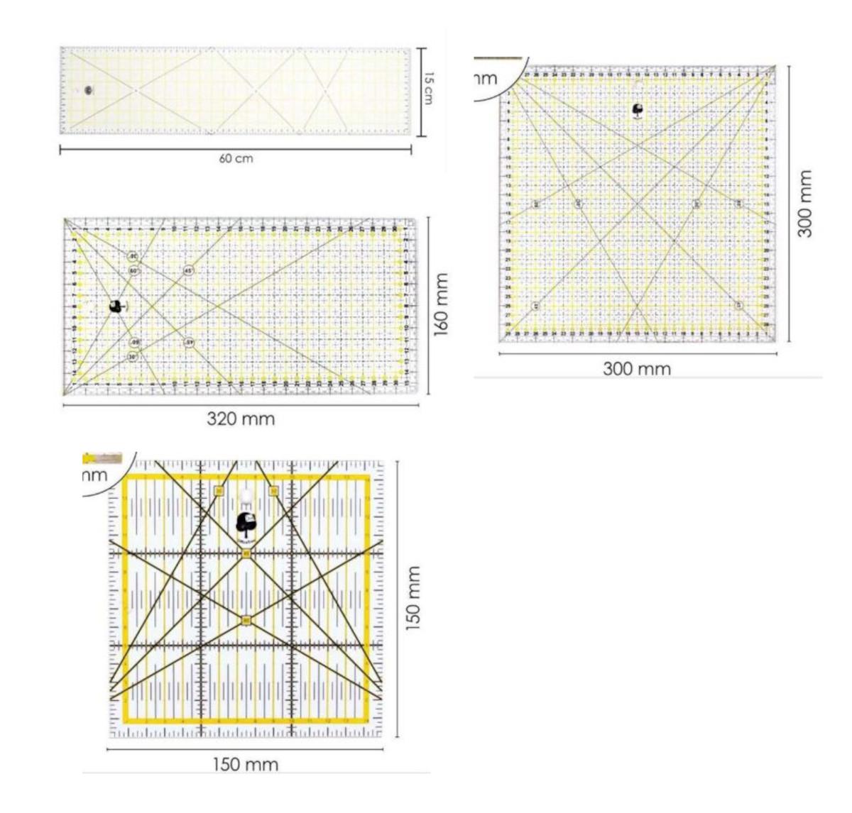 Sog. Quiltlineal (Rollschneiderlineal), in unterschiedlichen Varianten, jeweils in Form einer durchsichtigen Kunststoffplatte mit einer Stärke von ca. 3 mm:
1. rechteckig, mit Abmessungen von ca. 30 x 15 cm  mit Maßeinteilungen in Millimeter an allen Seiten und einem entsprechenden Gitter sowie drei mit Winkelangaben versehenen Linien von der rechten sowie von der linken oberen Ecke (eingezeichnete Winkel von 30°, 45°, 60°), 
2. rechteckig, mit Abmessungen von ca. 60 x 15 cm, mit Maßeinteilungen in Zentimeter an allen Seiten und einem entsprechenden Gitter sowie 3 x 2 mit Winkelangabe versehenen Linien, welche sich jeweils mittig treffen (eingezeichnete Winkel von 30°, 45°, 60°), 
3. quadratisch, mit Abmessungen von ca. 30 x 30 cm, mit Maßeinteilungen in Millimeter an allen Seiten und einem entsprechenden Gitter sowie sowie drei mit Winkelangaben versehenen Linien von der rechten sowie von der linken oberen Ecke (eingezeichnete Winkel von 30°, 45°, 60°), 
4. quadratisch, mit Abmessungen von ca. 15 x 15 cm, mit Maßeinteilungen in Zentimeter an allen Seiten und einem entsprechenden Gitter sowie drei mit Winkelangaben versehenen Linien von der rechten sowie von der linken oberen Ecke (eingezeichnete Winkel von 30°, 45°, 60°).
Zur äußeren Form siehe Abbildungen in der Anlage.
Die Lineale, welche jeweils in einer Klarsichttüte aus Kunststoff verpackt sind, dienen zur Längenmessung, Winkelmessung und -zeichnung sowie zum Anreißen von Stoffen - kennzeichnende Hauptfunktion.

Die Ware wird als "Anreißinstrument, nicht von der Unterposition (HS) 9017 10 erfasst" eingereiht.