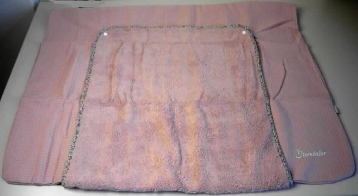 Wickelauflagenbezug, Foto siehe Anlage,
- in einem bedruckten Pappkarton mit Sichtfenster verpackt,
- annähernd rechteckig, mit abgerundeten Ecken; flachliegend in den Abmessungen von ca. 86 cm x 77 cm, auf der 
  Rückseite mit einer ca. 49 cm x 41 cm großen Öffnung,
- aus ca. 0,9 mm dicken, einfarbigen Geweben aus laut Antrag 100 % Baumwolle,
- entlang der Öffnung mit einer Randeinfassung aus bedruckten Gewirken versehen, 
- mit einer mittels Druckknöpfen abtrennbaren, zweilagig gearbeiteten Auflage in den Abmessungen von ca. 
  64 cm x 51 cm: 
-- mit einer Außenlage aus ca. 2,1 mm dicken, einfarbigen Schlingengewirken aus laut Antrag 90 % Baumwolle 
   und 10 % Polyester (synthetische Chemiefasern),
-- mit einer Innenlage aus ca. 0,8 mm dicken, einfarbigen, einseitig (Innenseite) mit Kunststoff (laut Antrag Poly-
   urethan) beschichteten Schlingengewirken aus laut Antrag 80 % Baumwolle und 20 % Polyester,
-- an den Rändern zusammengenäht, an drei Seiten mit einer Randeinfassung aus bedruckten Gewirken versehen, 
- durch Zusammenfügen konfektioniert,
- nicht gepolstert (somit keine Ware der Position 9404),
- wird als Bezug über eine sog. Wickelauflage gezogen und stellt sich nach der Materialbeschaffenheit, den 
  Abmessungen und insbesondere nach dem Verwendungszweck als Ware zur Innenausstattung dar,
- im Hinblick auf den Verwendungszweck und das äußere Erscheinungsbild sind die Gewebe und die Gewirke
  als gleichbedeutend anzusehen, im Hinblick auf den Umfang verleihen jedoch die Gewebe der Ware ihren 
  wesentlichen Charakter.

"Ware zur Innenausstattung (Wickelauflagenbezug), aus Spinnstoffen, keine Ware der Position 9404, aus
 Geweben, aus Baumwolle, nicht nach dem Batik-Verfahren handbedruckt"