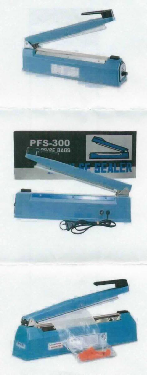 Folienschweißgerät "PFS-300", 
- aus einem länglichen Gehäuse aus Metall, mit beheiztem Schweißdraht, Klappbügel und 
  einem Kabel (Abbildung siehe Anlage),
- mit einer Balkenbreite von ca. 30 cm bis 50 cm und einer Leistung von ca. 400 bis 
  750 Watt,
- zum handbetätigten, elektrothermischen Verschließen von Verpackungen (z. B. 
  Kunststoffbeutel oder Folienschläuchen) durch Verschweißen von Kunststoff-Folien.

"Maschine zum Verschließen oder Versiegeln von Säcken oder anderen Behältnissen - 
Folienschweißgerät"