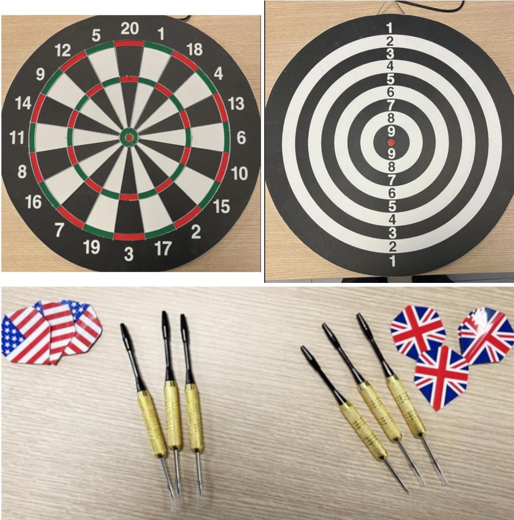 Bei der durch Abbildungen und Beschreibungen veranschaulichten Ware handelt es sich um ein Gesellschaftsspiel, sog. "Darts", für zwei Spieler, bestehend aus
- einer Dartscheibe,
- - aus Papier und Pappe gefertigt,
- - mit einem Durchmesser von ca. 42 cm,
- - in mehrere Segmente unterteilt, die am äußersten Durchmesser mit
    einer Zahl gekennzeichnet sind,
- - auf der Rückseite mit mehreren, ineinanderliegenden Ringen bedruckt, die in
    einer vertikalen Linie mit einer Zahl bedruckt sind.
- sechs Dartpfeilen aus unedlem Metall mit Steuerflügeln aus Kunststoff,
- gemeinsam mit einer einfachen Wandhaltevorrichtung als Warenzusammenstellung in
  einem Karton aufgemacht.

Beim Darts müssen die Spieler nacheinander ihre drei Dartpfeile auf die Dartscheibe werfen. Zu Beginn des Spiels hat jeder Spieler (je nach Variante) 301 Punkte. Wird ein Segment der Dartscheibe getroffen, erhält der jeweilige Spieler dementsprechend Punkte, die dann von seinem Punktekonto subtrahiert werden.

Es gewinnt derjenige Spieler, dem es zuerst gelingt, sein Punktekonto auf 0 zu bringen.

Die Rückseite kann so bespielt werden, dass die Spieler nacheinander ihre Pfeile auf die Ringe werfen. Derjenige Spieler, der die meisten Punkte erhält, gewinnt.

Im Hinblick auf den Umfang und die Bedeutung für die Verwendung bestimmt das Wurfpfeilspiel den Charakter der Warenzusammenstellung.

Derartige Erzeugnisse werden zolltarifrechtlich als "Gesellschaftsspiel, nicht von den Unterpositionen (KN) 9504 2000 bis 9504 9010 erfasst" eingereiht.