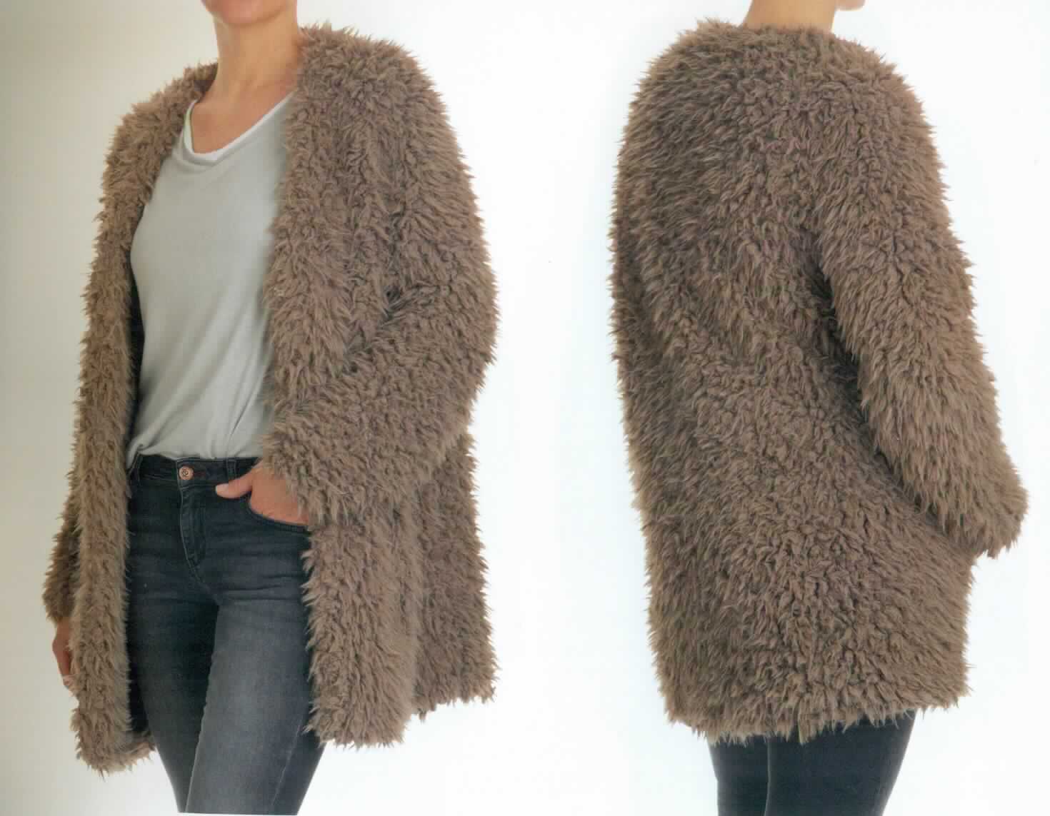 Kurzmantel, Größe M, Foto siehe Anlage,
- aus langflorigen, nicht leichten, einfarbigen Plüschgewirken (Pelzimitat), mit einem Grund und einem Flor 
  aus laut Antrag 100 % Polyester (synthetische Chemiefasern); durch Wirken hergestellt, somit kein künstliches
  Pelzwerk,
- durchgehend leicht gefüttert,
- über den Schritt, jedoch nicht bis zur Mitte der Oberschenkel reichend (Rückenlänge: ca. 83 cm), 
- mit rundem Halsausschnitt,
- vorn mit einer durchgehenden Öffnung mit Knopfverschluss von rechts über links (Frauenkleidung),
- mit langen Ärmeln, 
- mit zwei eingesetzten Taschen unterhalb der Taille,
- am unteren Rand und an den Ärmelenden durch Umschlagen und Festnähen gesäumt,
- wird im Allgemeinen über jeder anderen Kleidung und zum Schutz gegen das Wetter getragen, u. a. somit 
  keine Jacke oder Strickjacke.

"Mantel (Kurzmantel), aus Gewirken, für Frauen, aus Chemiefasern"