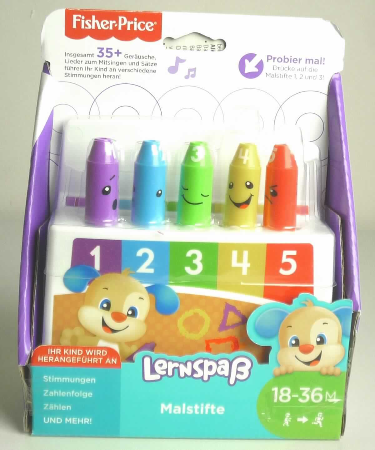 Bei dem als "Fisher-Price-Lernspaß Malstifte, Art. 903326" bezeichneten Warenmuster handelt es sich um ein tragbares elektronisches Gerät in einem Kunststoffgehäuse, ca. 12 x 14 x 4,5 cm groß (H x B x T), mit einem Gewicht von ca. 300 g. Das Erzeugnis ist der Form nach einer leicht trapezförmigen, offenen Schachtel mit Tragemulde am oberen Rand nachempfunden, aus der fünf verschiedenfarbige Nachbildungen von Stiften (lila, blau, grün, gelb und rot) in die farblich entsprechenden Schächte eingesteckt sind. Die zylindrisch geformten Stifte (ca. 8 cm lang, Durchmesser ca. 1,8 cm, vollständig aus Kunststoff, am oberen Endeschräg zulaufend gearbeitet) sind herausnehmbar. Jeder ist mit einer Zahl (von eins bis fünf) sowie einem bestimmten, eine besondere Stimmung veranschaulichenden Gesichtsausdruck bedruckt. Am unteren Ende ist jeder Stift mit einer spezifischen Ausbuchtung bzw. Aushöhlung versehen, die in dem farblich passenden Schacht das entsprechende Gegenstück als Kontaktfläche findet. 
Wird nun der Stift in den farblich passenden Schacht eingefügt und heruntergedrückt, so wird die Farbe und die Zahl genannt. In fünf Varianten pro Farbe erklingen Geräusche, Lieder zum Mitsingen und Sätze zum Thema Farbe, Zahl, Stimmung und dem Prinzip der Reihenfolge. Steckt man einen Stift in einen andersfarbigen Schacht, passiert nichts.

Das batteriebetriebene Gerät dient Kleinkindern (Altersempfehlung 18 - 36 Monate) aufgrund der Gestaltung und einfachen Funktionsweise für spielerische interaktive Lernaktivitäten und ist in einem offenen Pappdisplay für den Einzelverkauf aufgemacht.

Waren dieser Art sind als" tragbare, interaktive, elektronische Lernprodukte, hauptsächlich konstruiert für Kinder" einzureihen.