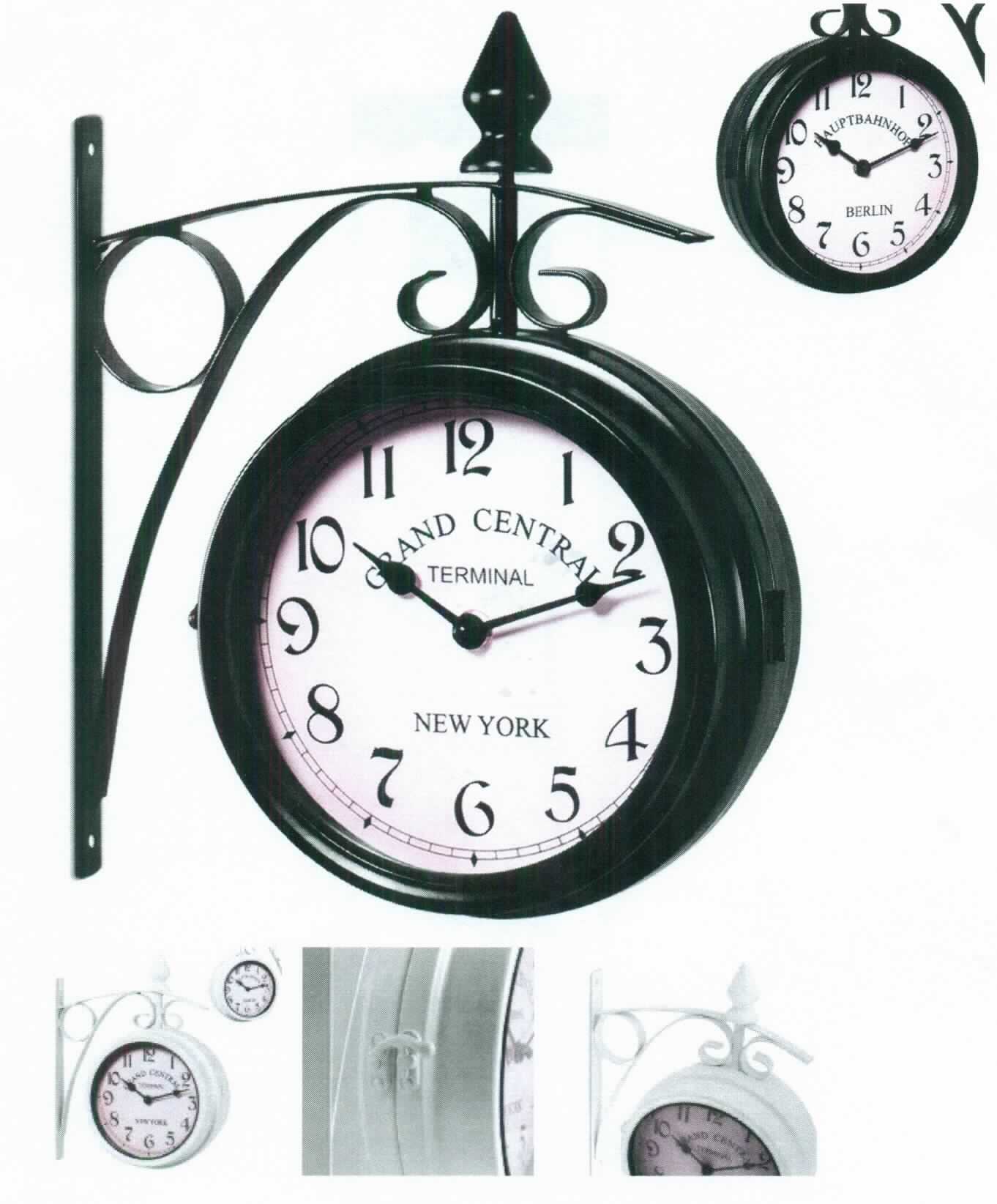 Es handelt sich um eine sog. Wanduhr im Bahnhof-Retrostil. Sie besteht im Wesentlichen aus einem Gehäuse aus unedlem Metall, das beidseitig mit je einem 56 x 56 x 17 mm großen Quarzuhrwerk (kein Kleinuhr-Werk) und doppelseitiger analoger Anzeige mit Stunden- und Minutenzeiger ausgestattet ist. 

Das ca. 32,5 cm x ca. 29 cm x ca. 9,5 cm  ( B x T x H) große batteriebetriebene Erzeugnis verfügt über eine schmiedeeiserne Metallhalterung mit zierenden Ornamenten zur Befestigung an einer Wand. Die ca. 17 cm großen Ziffernblätter sind mit römischen Ziffern und der Aufschrift "Grand Central Terminal New York" bzw. "Hauptbahnhof Berlin" bedruckt.

Das Erzeugnis ist als "andere als von den Positionen 9101 bis 9104 erfasste Uhr, Wanduhr, elektrisch betrieben" einzureihen.