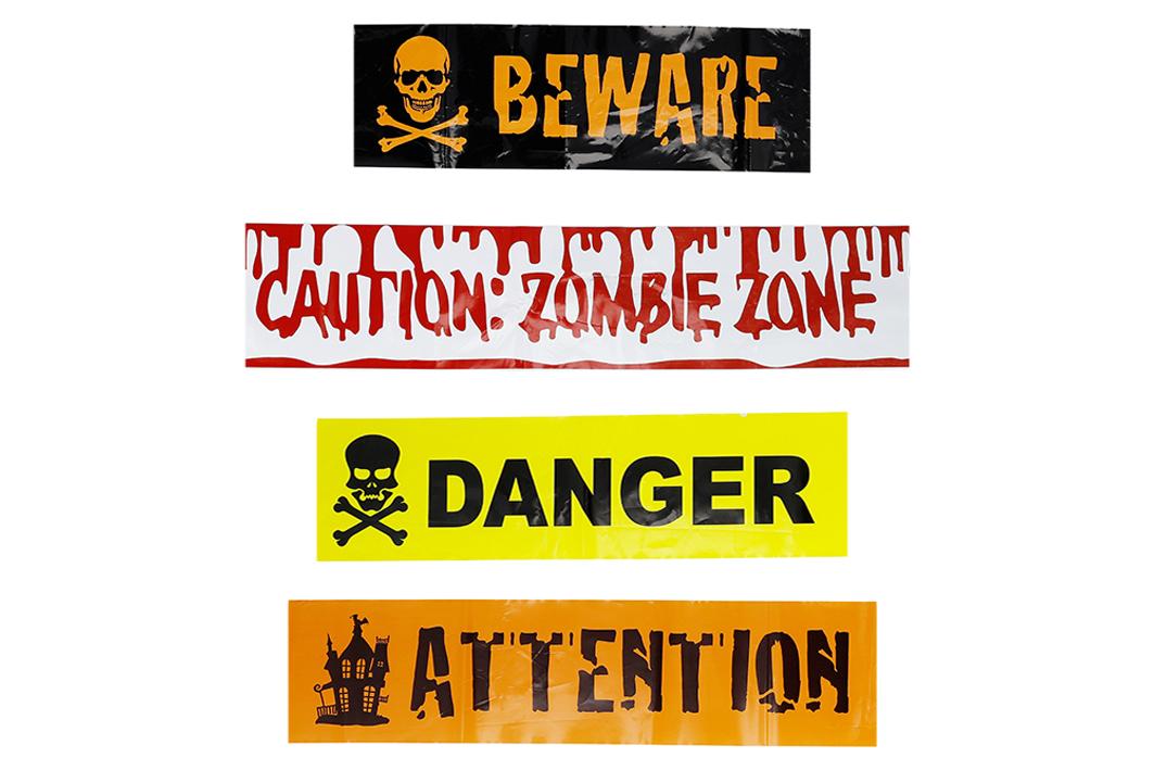 Angaben des Antragstellers:
2er Deko-Absperrband Halloween je 5m aus Polyethylen (PE) in verschiedenen Designs

2-fache Sortierung (1. Set: 1x Zombie Zone + 1x Beware, 2. Set: 1x Attention + 1x Danger)

Untersuchungsergebnisse an einem Warenmuster:
Es wurde ein gelbes und ein oranges Kunststoffband vorgelegt. Die Bänder sind auf einem Papierträger aufgerollt und für den Einzelverkauf aufgemacht (bedrucktes Etikett). Das Band ist bedruckt mit Schriftzügen (ATTENTION bzw. DANGER)
Das Band besteht nach den durchgeführten Untersuchungen aus LDPE (Low Density Polyethylene).

Befund:
Es liegt ein Band aus Polyethylen (LDPE) vor. Es liegt kein Druckerzeugnis des Kapitel 49 vor. Es liegt kein Festartikel der Position 9505 vor.