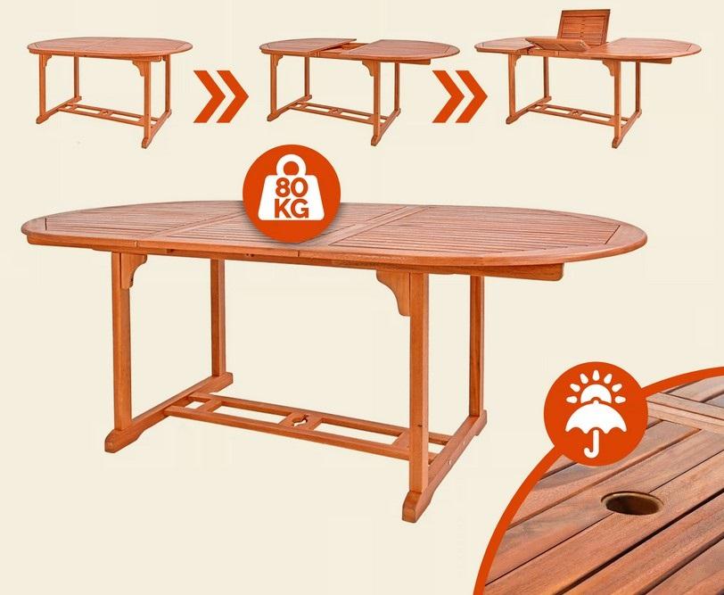 Es handelt sich bei dem "Gartentisch" um einen ca. 150/200 x 100 x 74 cm (B x T x H) großen, ausziehbaren Tisch mit einem Gestell und einer ovalförmigen Tischplatte aus Holz. 
Das noch nicht zusammengesetzte Möbel ist dazu bestimmt, auf den Boden gestellt zu werden und dient der dauerhaften Einrichtung von z.B. Terrassen.

Die verpackte Ware ist als "anderes als von den Positionen 9401 und 9402 erfasstes Möbel, aus Holz, ohne konkreten Raumbezug" einzureihen.