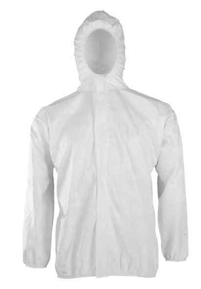 Blouson, Größe L, Foto siehe Anlage,
- in einem Polybeutel verpackt,
- aus ca. 0﻿,﻿1 mm dicken Vliesstoffen der Position 5603 aus laut Antrag Polyethylen (synthetische 
  Chemiefasern),
- über den Schritt reichend (Rückenlänge: ca. 77 cm),
- mit einer Kapuze,
- mit einer durchgehenden Öffnung mit Reißverschluss, verdeckt von einer Patte von links über 
  rechts,
- mit langen Ärmeln, die über den unteren Rand des Kleidungsstücks hinausreichen,
- an der Kapuze, den Armabschlüssen und am unteren Rand elastisch verengt,
- erfüllt die Merkmale zur Einreihung als Blouson, somit keine Jacke,
- wird als Blouson nicht vom Warenkreis der Unterposition (KN) 6210 1092 erfasst.

"Kleidung aus Erzeugnissen der Position 5603, kein Einwegkittel, von der durch Patienten bzw.
 Chirurgen bei chirurgischen Eingriffen verwendeten Art"