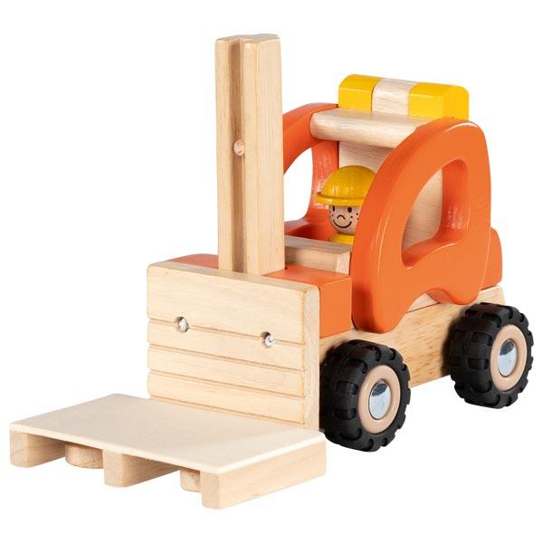 Bei dem vorliegenden Erzeugnis handelt es sich um Spielzeug in Zusammenstellung, bestehend aus
- einem stilisierten Gabelstapler,
- - überwiegend aus Holz gefertigt,
- - in den Abmessungen von ca. 20 x 9 x 15,5 cm (L x B x H),
- - mit einem offenen Führerhaus, in dem eine fest angebrachte, stark stilisierte Figur
    sitzt,
- - mit vier beweglichen Rädern aus Kunststoff oder Kautschuk und einer vertikal verstellbaren
    Ladegabel, die durch ein elastisches Spinnstoffband mit einer Schiene verbunden ist,
- einer Nachbildung einer Europalette,
- - in den Abmessungen von ca. 10 x 6,1 x 1,6 cm,
- - mit einer glatten Oberseite aus einer Holzplatte, die auf der Unterseite mit drei
    Holzblöcken beklebt ist,
- dient der spielerischen Unterhaltung von Kindern,
- gemeinsam in einem bunt bedruckten Pappkarton für den Einzelverkauf aufgemacht.

Derartige Erzeugnisse werden zolltarifrechtlich als "Spielzeug, aufgemacht in einer Zusammenstellung" eingereiht.