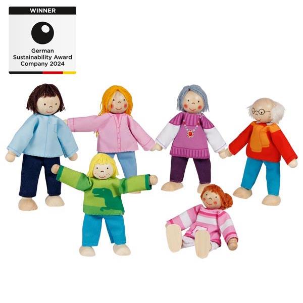 Set aus sechs Puppen, sog. "Biegepuppen Moderne Familie"
- mit einer Höhe von maximal 11 cm
- mit Gliedmaßen (Kopf, Füße, Hände) aus Holz und Beinen,
  Armen und Haaren sowie Kleidung aus Spinnstoffen
- mit beweglichen Armen und Beinen
- eine Familie, bestehend aus Großeltern, Eltern und Kindern darstellend
- in einem bunt bedruckten Pappkarton für den Einzelverkauf aufgemacht.

Die Ware wird zolltarifrechtlich als "Puppen, nur Nachbildungen von Menschen darstellend, andere als handgearbeitete dekorative Puppen in für das Ursprungsland charakteristischer Volkstracht" eingereiht.