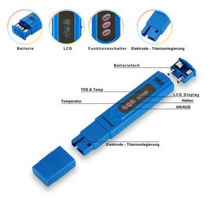 Digitaler Wassertester, im Wesentlichen bestehend aus einem quaderförmigen Gehäuse aus Kunststoff mit den Abmessungen (L x B x T) von ca. 154 x 30 x 16 mm. Die Ware ist mit einem LC-Display und drei Funktionsschaltern auf der Oberseite sowie mit einer Halterung auf der Rückseite ausgestattet (siehe Abbildung in der Anlage).
An einem Ende des Gehäuses befindet sich die Messelektrode aus einer Titaniumlegierung, auf der Gegenseite ist ein Fach, ich welches die mitgelieferten Batterien eingelegt werden.
Das multifunktionale Gerät dient der Messung der Summe der gelösten Salze und Feststoffe (TDS-Wert) in einen Bereich von 0 bis 9.990 ppm (kennzeichnende Hauptfunktion) und der Temperatur von Flüssigkeiten von 0,1 bis 80ºC. Die Bestimmung des TDS-Wertes erfolgt durch die Messung der Leitfähigkeit aufgrund der Menge der im Wasser gelösten Stoffe.
Zum Lieferumfang der Ware gehören ein zum dauerhaften Gebrauch bestimmtes Etui und eine Gebrauchsanleitung ("De-minimis-Regel").

Die Ware wird als "Gerät für physikalische oder chemische Untersuchungen, nicht von den Unterpositionen (KN) 9027 1010 bis 9027 8910  erfasst, als pH-Messer, rH-Messer und andere Geräte zum Messen der Leitfähigkeit" eingereiht.