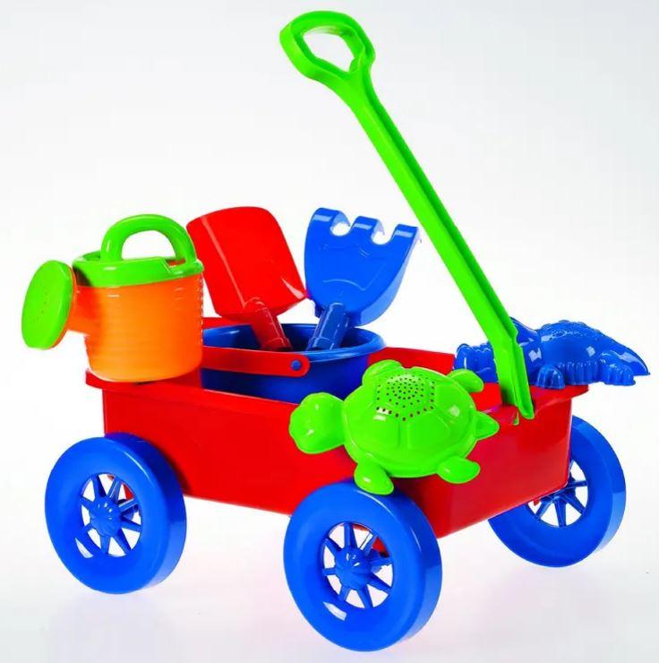 Bei dem durch Antragsangaben und eine Abbildung veranschaulichten Erzeugnis handelt es sich um ein sog. "Sandspielzeug-Set" in Form von Spielzeug in Zusammenstellung, bestehend aus
- einer Nachbildung eines sog. Bollerwagens
-- vollständig aus Kunststoff gefertigt
-- mit einer Wanne, vier Rädern und einer Stange mit Handgriff zum Ziehen
-- aufgrund der Gestaltung kein Handwagen der Position 8716
- Nachbildungen einer Schaufel, eines Rechens und einer Gießkanne aus Kunststoff
- zwei sog. Sandförmchen in Form einer Schildkröte und eines Krokodils aus Kunststoff
- dient zur spielerischen Unterhaltung von Kindern.

Das Spielzeug in Zusammenstellung (charakterverleihend) ist gemeinsam mit einem Eimer aus Kunststoff mit Tragehenkel für den Einzelverkauf aufgemacht (Warenzusammenstellung).

Derartige Erzeugnisse werden zolltarifrechtlich als "Spielzeug in Zusammenstellung" eingereiht.