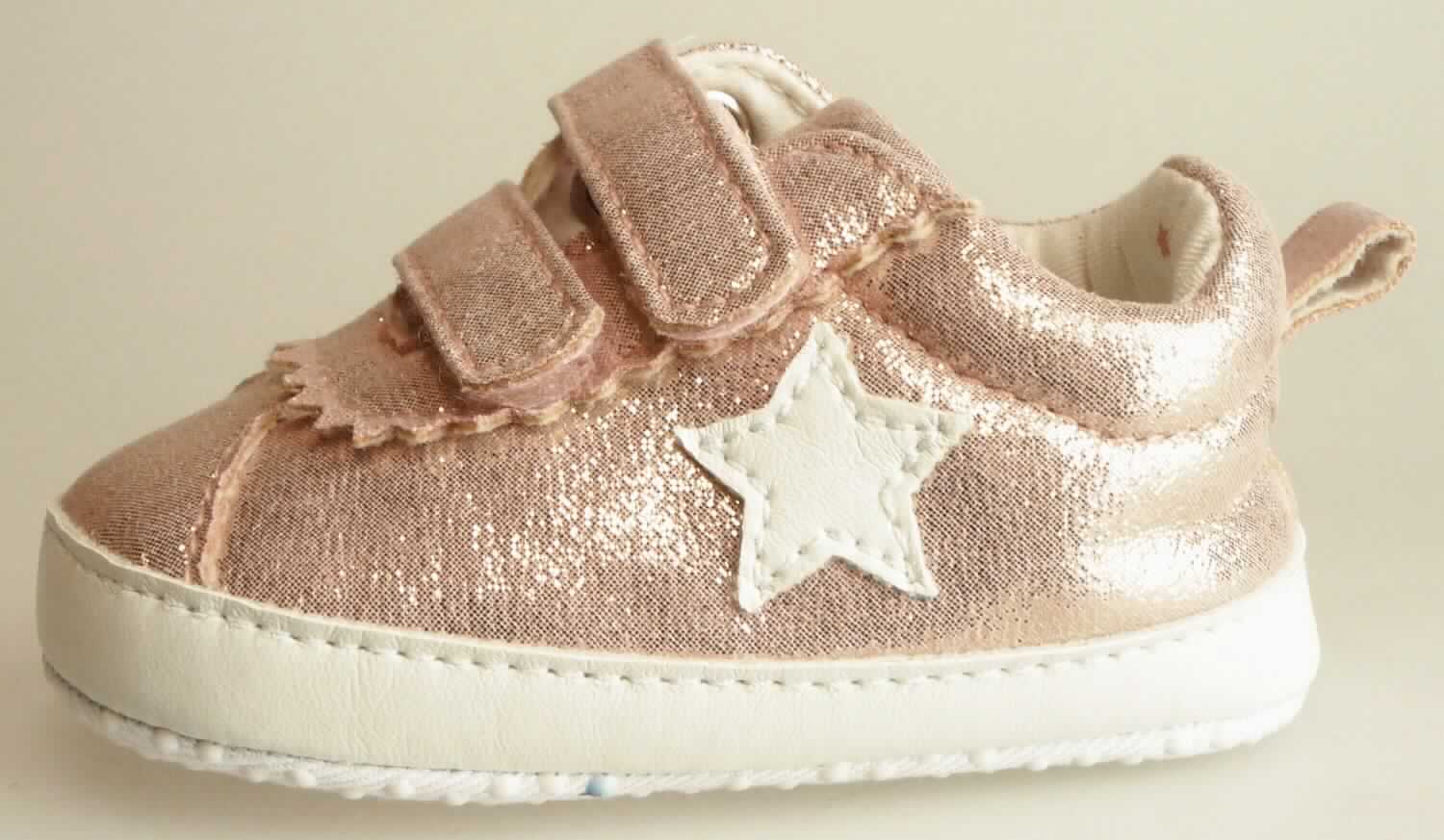 Babyschuhe (lt. Antrag "Baby Schuhe, Art. 445648, Variante 902: rosafarbenes Oberteil", Größe M, 
Foto siehe Anlage)
- mit Laufsohlen aus Spinnstoff (den größten Teil der Berührungsfläche mit dem Boden bildend) und 
  Kunststoffpunkten,
- mit Oberteil aus Spinnstoff (den größten Teil der Außenfläche bildend) und Kunststoff (Spinnstoff mit einer mit 
  bloßem Auge wahrnehmbaren Außenschicht aus Kunststoff),
- hinten mit einem Stück aus Spinnstoff verstärkt,
- seitlich mit Zierbesatz,
- mit Klettverschluss.

"Schuhe mit Laufsohlen und Oberteil aus Spinnstoffen, andere als in den Unterpositionen 6405 1000 bis 6405 2091 
 genannte"