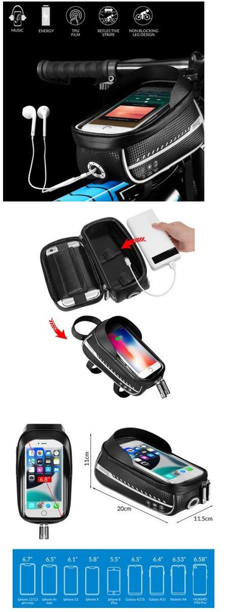 Fahrradtasche, sog. Fahrradrahmentasche, Fotos siehe Anlage,
- mit einer Außenseite aus Kunststofffolien,
- - an den Längsseiten reflektierend bedruckt,
- - an der Oberseite aus klarsichtiger Kunststofffolie (Sichtfenster),
- an der Unterseite mit einer Außenseite aus Spinnstoffen im Bereich eines aufgenähten Gewebe-
  streifens, der dem Durchführen der Befestigungsbänder dient,
- am oberen Rand mit einer Schutzblende aus formgepresstem Kunststoff,
- mit drei längenverstellbaren Klettverschlussbändern zur Befestigung am Rahmen eines Fahrrads
  versehen,
- an einer Schmalseite mit einer schlitzartigen Aussparung zum Durchführen eines Kabels,
- aufklappbar; mit einem entlang des oberen Rands an drei Seiten umlaufenden Reißverschluss,
- gefüttert; innen im Deckel mit einer elastischen Halterung mit Klettverschluss zur Aufnahme
  eines Smartphones, an den Seiten mit drei offenen, netzartigen Einsteckfächern und am Bodenteil
  mit zwei elastischen Halteschlaufen ausgestattet,
- mit den Abmessungen: ca. 11 cm (Breite) x 9 cm (Höhe) x 20 cm (Tiefe).

"Ähnliches Behältnis, anderes als in den Unterpositionen 4202 1110 bis 4202 3900 genannte, mit Außen-
 seite aus Kunststofffolien, anderes als in den Unterpositionen 4202 9211 bis 4202 9215 genannte"