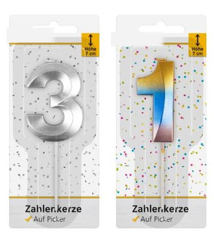Angaben:
Zahlenkerzen (0 - 9) auf Kunststoffpicker, Höhe 7 cm; silberne und gelb-blau-rosafarbene, metallisch-glänzende Kerze auf einem Kunststoffstäbchen; in einer Blisterverpackung.

Befund:
Kerzen (Lichte) aller Art und dergleichen.
Zusammengesetzte Ware, bei der im Sinne der AV 3 b) die Kerze als charakterbestimmend angesehen wird.