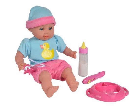 Spielzeug in Zusammenstellung, bestehend aus
- einer ca. 38 cm großen Puppe
-- ein Baby darstellend
-- aus Kunststoff gefertigt und mit beweglichen Gliedmaßen und Kopf
-- mit einem hellblauen Shirt, einer rosafarbenen Shorts und einer Mütze bekleidet
- mit anderen Spielzeugnachbildungen aus Kunststoff
-- einem nicht passgenau für den Mund der Puppe gearbeitetem Schnuller
-- einem nicht passgenau für den Mund der Puppe gearbeitetem Trinkfläschchen
-- einem nicht passgenau für den Mund der Puppe gearbeitetem Löffel
-- einem Teller
- dient der spielerischen Unterhaltung von Kindern
- in einer Showbox für den Einzelverkauf aufgemacht.

Die Ware wird zolltarifrechtlich als "Spielzeug, aufgemacht in einer Zusammenstellung" eingereiht.