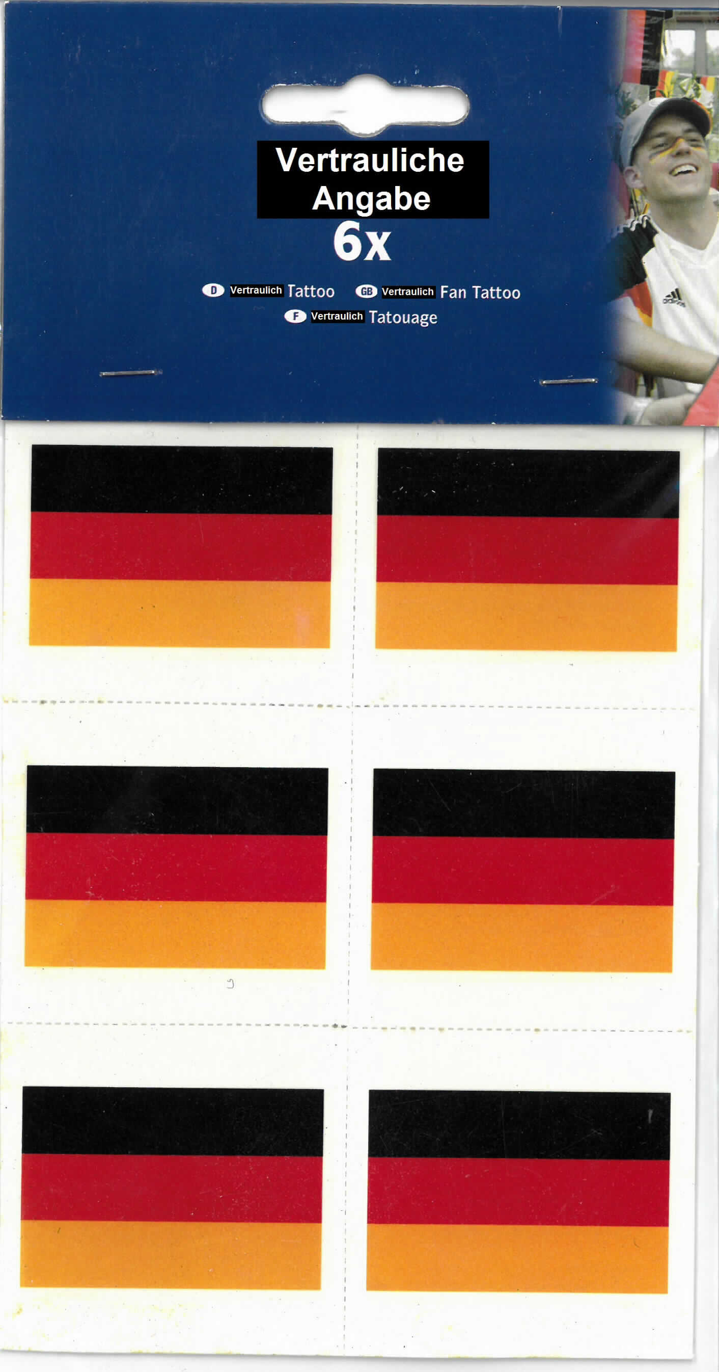 Bei der vorgelegten Ware handelt es sich um einen etwa 11,6 x 16,0 cm großen Zuschnitt aus Kartonpapier (perforiert), der auf der Vorderseite sechsmal mit einer rechteckigen, dünnen Kunststoff-/Klebeschicht überzogen ist (Abmessungen etwa 5,0 x 3,3 cm), die jeweils mit der Abbildung der Nationalflagge Deutschlands bedruckt ist. Die Rückseite ist mit einer Gebrauchsanweisung bedruckt. Die Vorderseite des Zuschnitts ist ganzflächig mit einer klarsichtigen, leicht abziehbaren Schutzfolie aus Kunststoff abgedeckt, nach deren Entfernen die angefeuchteten Abbildungen unter Druck z.B. auf die Haut übertragen werden können. Die Ware ist in einem Headerbeutel mit Eurolochung verpackt.

Abbildung siehe Anlage.

Derartige Waren gehören als "Abziehbilder aller Art, nicht verglasbar" zur Codenummer 
4908 90 00 00 0 des Zolltarifs.