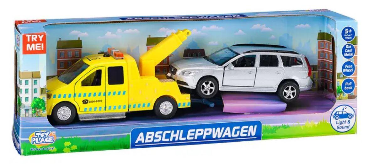 Spielzeug in Zusammenstellung, bestehend aus
- einem Abschleppwagenmodells
-- einen MAN-Abschleppwagen darstellend
-- mit einer Karosserie (Fahrerkabine) aus unedlem Metall, Unterboden, Innenausstattung,
   Scheiben und dem hinteren Aufbau aus Kunststoff
-- mit einem Rückzugmotor
-- mit beweglichen Rädern aus Kunststoff oder Kautschuk
-- mit zu öffnenden Türen
-- mit einem beweglichen Ladekran mit Haken und einer klappbaren Vorderradaufnahme
   für das abzuschleppende Fahrzeug
- einem Modell eines Volvo-Kombis
-- in den Abmessungen von ca. 12,5 x 5 x 5 cm
-- mit einer Karosserie aus unedlem Metall, Unterboden, Innenausstattung und Scheiben
    aus Kunststoff sowie beweglichen Rädern aus Kunststoff oder Kautschuk
-- mit zu öffnenden Türen
- dient der spielerischen Unterhaltung von Personen
- gemeinsam in einer Showbox für den Einzelverkauf aufgemacht.

Die Ware wird zolltarifrechtlich als "Spielzeug, aufgemacht in einer Zusammenstellung" eingereiht.