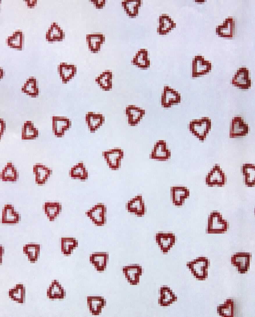 Gewebe, sog. Dekostoff Organza Herzen, Art. 44370, Foto siehe Anlage,
- auf einer Papprolle aufgewickelt und in einer klarsichtigen Kunststofffolie verpackt,
- als Meterware, in den Abmessungen von laut Antrag (L x B) 200 cm x 36 cm,
- laut Untersuchungsergebnis:
-- in Leinwandbindung,
-- aus ungezwirnten, nicht hochfesten Garnen aus synthetischen Filamenten (Polyamid),
-- musterbildend (Herzen) mit Scherstaub beflockt (