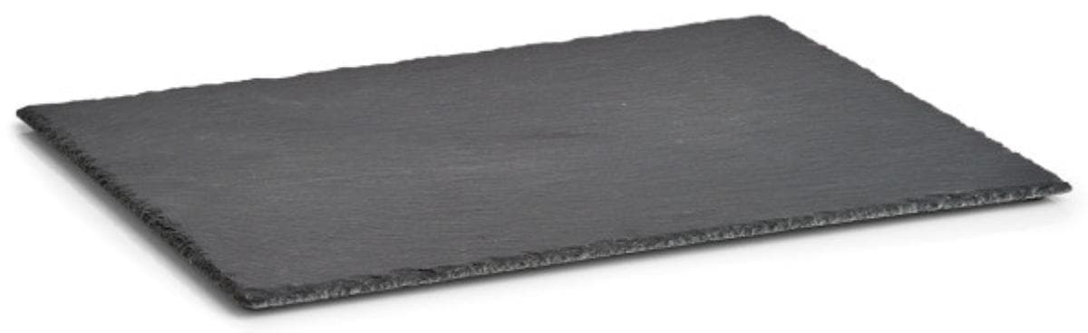 Angaben:
Servierplatte, eckig, mit vier Schaumgummifüßen; Größe: ca. 40 x 30 x 0,4-0,6 cm; Materialart: Schiefer; Farbe: anthrazit; in Einzelverpackung.

Befund:
Waren aus Tonschiefer oder aus Pressschiefer.