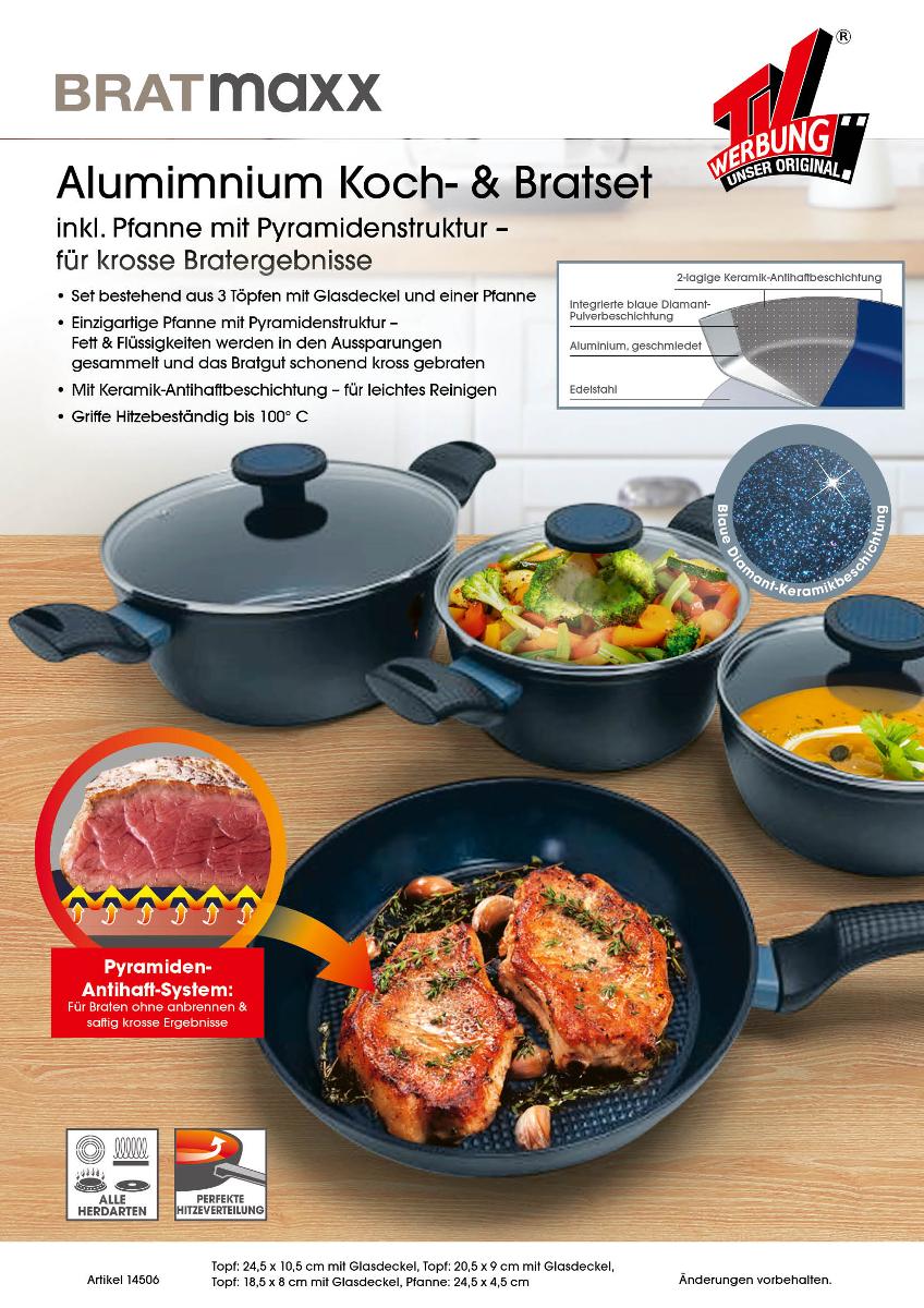 Sog. Kochtopf-Set mit Glasdeckel.
Es handelt sich um Zusammenstellungen, bestehend aus
- einem Topf, mit etwa 24, 5 cm Durchmesser und 10,5 cm Höhe, mit Glasdeckel,
- einem Topf, mit etwa 20, 5 cm Durchmesser und 9 cm Höhe, mit Glasdeckel,
- einem Topf, mit etwa 18, 5 cm Durchmesser und 8 cm Höhe, mit Glasdeckel,
- einer Pfanne, mit etwa 24, 5 cm Durchmesser und 4,5 cm Höhe.
Die Erzeugnisse bestehen aus geschmiedetem Aluminium, Stahl, Kunststoff und ggf.
Glas, sind mit Griffen aus Kunststoff, einer zweilagigen keramischen Antihaftbeschichtung und an ihren
Unterseiten mit einem Induktionsboden aus nicht rostendem Stahl ausgestattet.
Sie dienen dem Zubereiten von Speisen im Haushalt.
- Antragstellerangaben -
Der Charakter der aus verschiedenen Stoffen zusammengesetzten Erzeugnisse wird
insbesondere aufgrund der Bedeutung für die Verwendung sowie nach den
Gewichtsverhältnissen der unedlen Metalle durch das Aluminium bestimmt.
Abbildung siehe Anlage.

Derartige Erzeugnisse gehören als "andere (als in den Codenummern 7615 1010 10
0 bis 7615 1080 10 0 genannte) Haushaltsartikel, aus Aluminium, nicht gegossen"
zur Codenummer 7615 1080 90 0 des Zolltarifs.