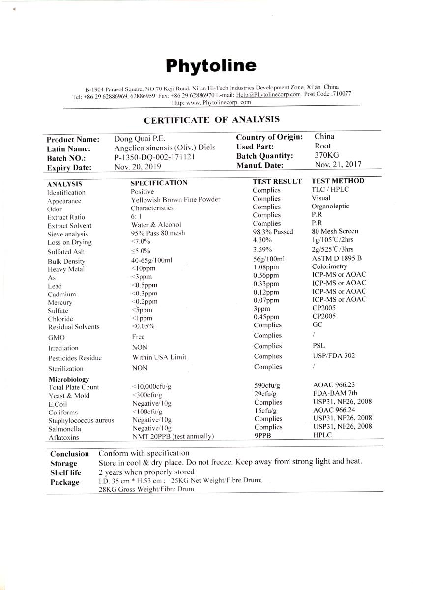 Angaben des Antragstellers:
Zusammensetzung: Extrakt aus Wurzeln von Chinesischem Engelwurz, Dong Quai P.E. (Angelica sinensis (Oliv.) Diels).
Extraktionsrate: 6:1. Herstellung: Rohmaterial wird mit Wasser gereinigt, pulverisiert, dreimal mit Wasser bei 90 - 95 °C und 2,5 bar 1,5 Stunden extrahiert, die Extraktionslösung wird konzentriert und sprühgetrocknet. Aussehen: Gelblichbraunes Pulver.
Verwendung: Einsatz in Nahrungsergänzungsmitteln.
Verpackungseinheit: 25 kg-Trommeln.

Eine Warenprobe wurde nicht vorgelegt.

Befund: Nach den Angaben des Antragstellers liegt ein pulverisierter Pflanzenauszug aus Chinesischem Engelwurz (Angelica sinensis) vor.

Pflanzensäfte und Pflanzenauszüge; Pektinstoffe, Pektinate und Pektate; Agar-Agar und andere Schleime und Verdickungsstoffe von Pflanzen, auch modifiziert: Pflanzensäfte und Pflanzenauszüge: andere: andere.