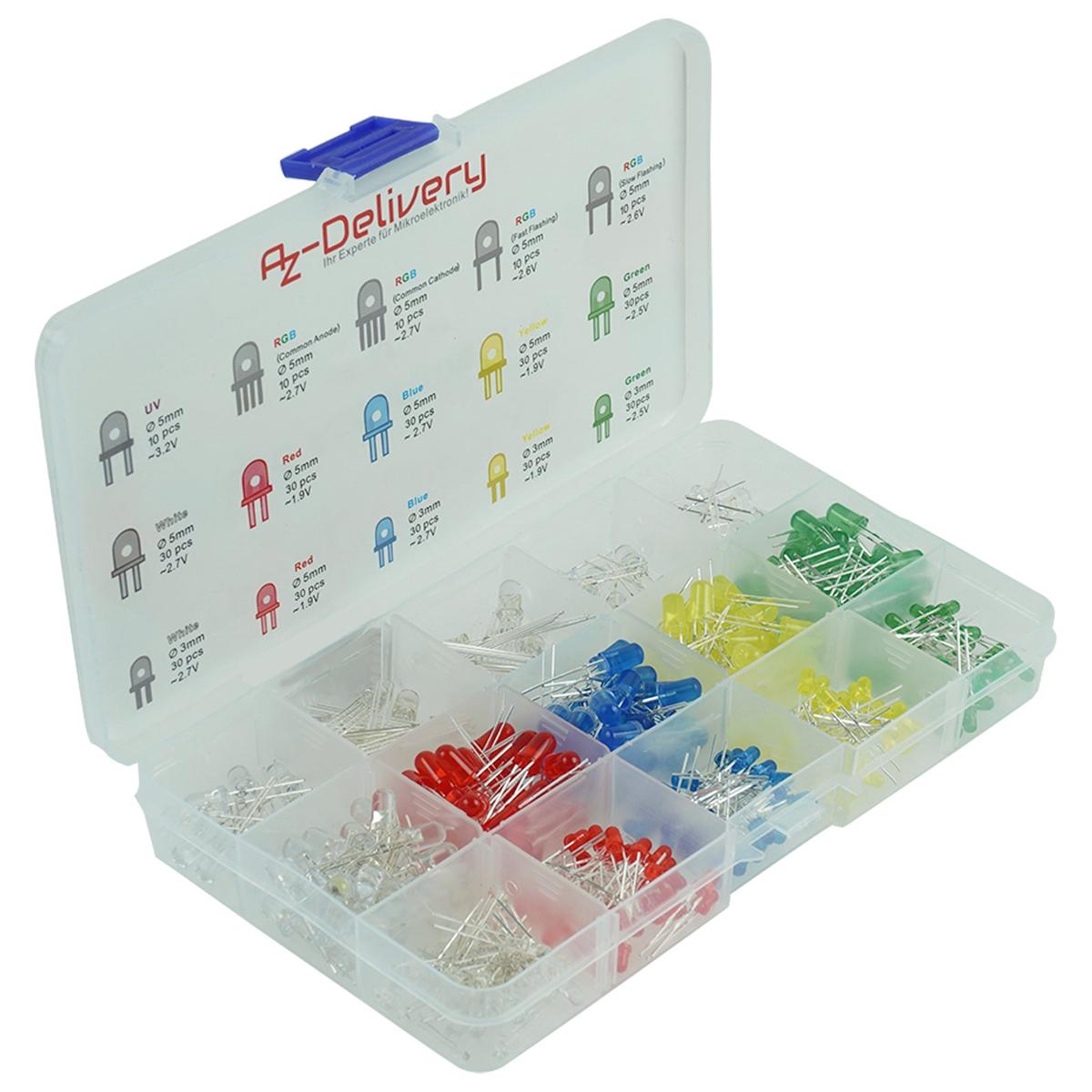 Leuchtdioden-Sortiment, 350 Stück (Abbildung siehe Anlage),
- davon 330 Stück jeweils mit einem bzw. drei Leuchtdiodenchips (RGB-LED), montiert in einem
  Gehäuse mit 3 bzw. 5 mm Durchmesser mit kuppelartiger Linse und elektrischen Anschlussdrähten, 
- keine Elemente für die Stromversorgung oder -regelung enthaltend,
- zusammen mit Beipack (20 blinkenden LEDs, jeweils mit einer integrierten Schaltung)
  in einem zum dauerhaften Gebrauch besonders gestalteten Sortimentkasten aus
  Kunststoff verpackt.
Die Leuchtdioden bestimmen den Charakter der Warenzusammenstellung.

"Leuchtdioden (LED), in Warenzusammenstellung in Aufmachung für den Einzelverkauf mit
 nicht charakterbestimmendem Beipack, in einem zum dauerhaften Gebrauch geeigneten Behältnis-
 Leuchtdioden-Sortiment"