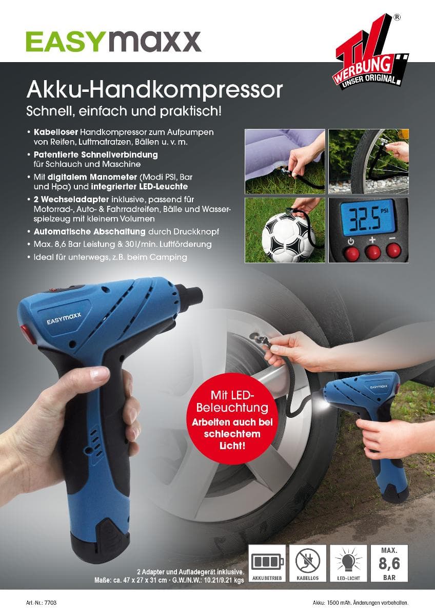 Akku-Handkompressor, Art.-Nr. 07703 (Abbildung siehe Anlage),
- aus einem Handgerät mit integriertem oszillierenden Kolben, Akkumulator, Druckluftschlauch mit
  Ventiladapter, Bedienelementen, Manometer und LED-Beleuchtung,
- zur Erzeugung eines Luftdrucks von maximal 8,6 bar und einer Luftliefermenge von ca.
  30 l/min (~1,8 m³/h),
- zum Aufpumpen von Autoreifen, Fahrradreifen, Bällen und dergleichen -kennzeichnende
  Haupttätigkeit-, zum Messen des Drucks und zur Beleuchtung,
- in einer gemeinsamen Verkaufsumschließung mit Beipack (zwei Düsen, Netzteil, Bedienungs-
  anleitung, Adapterhalter).
Der Kompressor übt die kennzeichnende Haupttätigkeit aus und bestimmt den Charakter des
Ganzen.

"Anderer oszillierender Verdrängerkompressor, zum Erzeugen eines Überdrucks von 15 bar
 oder weniger, mit einer Luftliefermenge je Stunde von weniger als 60 m³ (Kombination aus
 Luftkompressor - kennzeichnende Haupttätigkeit - und Manometer, zusammengesetzt mit nicht
 charakterbestimmender LED-Beleuchtung, in Warenzusammenstellung in Aufmachung für den
 Einzelverkauf mit nicht charakterbestimmendem Beipack"