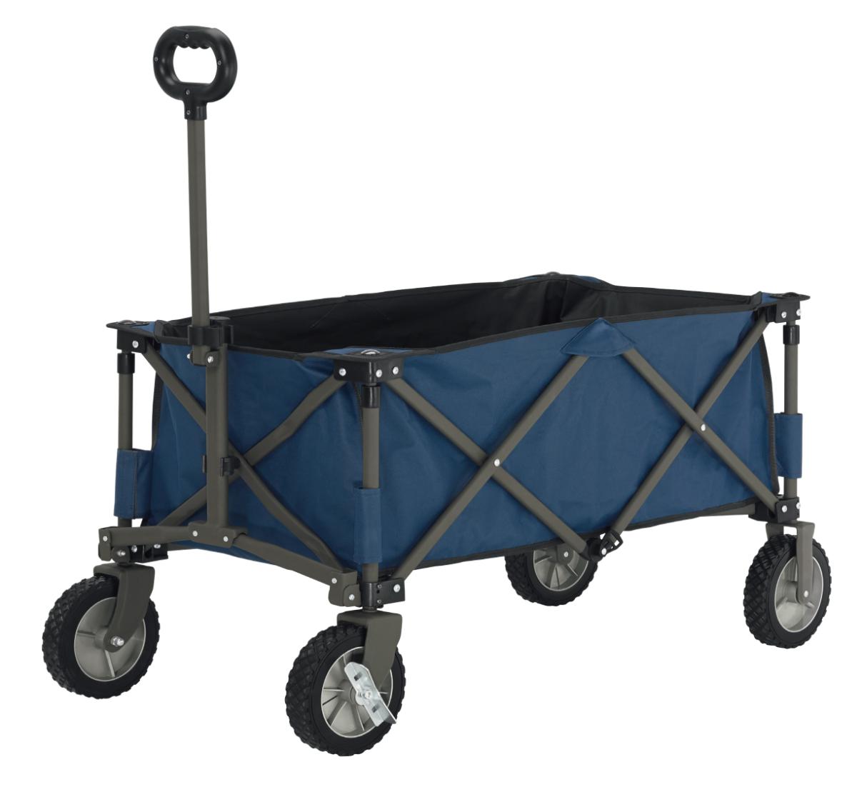 Handwagen, sog. Campingwagen, EAN 2076913511184, Foto siehe Anlage,
- in Form eines zusammenklappbaren, mit einer Schiebestange versehenen,
  vierrädrigen, leicht gebauten Bollerwagens,
- laut Antrag:
- - mit einem pulverbeschichteten Stahlrohrgestell,
- - mit einem Spinnstoffbezug aus Chemiefasern,
- - mit einer Schutztasche,
- wird mit der Hand gezogen,
- dient zur Beförderung von Waren.

"Anderes nicht selbstfahrendes Fahrzeug (Handwagen)"