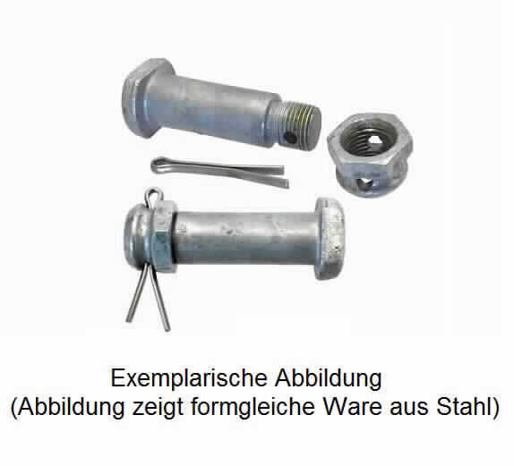 Es handelt sich um massive Schrauben aus Kupfer mit annähernd rechteckigem, an den Kanten und den Schmalseiten abgerundetem Kopf und mit einem nicht bis zum Kopf reichenden, metrischen Gewinde mit stumpfem Gewindeende. Der Schaft ist zum Gewinde hin abgestuft. Der mit Gewinde versehene Abschnitt ist in etwa mittig mit einer durchgehenden Querbohrung versehen.
Die Erzeugnisse sind mit einer Mutter aus Kupfer mit umlaufender Rille und Querbohrung ausgestattet, die durch einen Splint, der durch die Querbohrungen der Schraube und der Mutter geführt ist, gegen unbeabsichtigtes Lösen gesichert ist.
- Antragstellerangaben -
Länge: ca. 95 mm; Gewindedurchmesser: ca. 22 mm.

Abbildung siehe Anlage. 

Derartige Erzeugnisse gehören als "Schrauben und Muttern aus Kupfer, mit Gewinde" zum TARIC-Code 7415 3300 00.