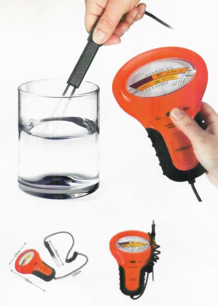 Sog. Wassertestgerät, im Wesentlichen bestehend aus einem batteriebetriebenen (Typ AA, nicht enthalten), elektrischen Handgerät mit Messskala und Anzeigenadel, für pH-Wert und Chlorgehalt von Wasser, das über ein 120 cm langes Kabel mit einer gegabelten Sonde mit Messelektroden verbunden ist (Messbereich: Chlor: 1,2 bis 1,7 ppm, pH-Wert : 5,5 bis 9,0).
Die Werte werden mittels elektrischer Leitfähigkeitsmessung ermittelt.
Das Gerät wird zur Messung des pH-Wertes bzw. des Chlorgehaltes in Pools und Spas verwendet.
Zur äußeren Form siehe Abbildung in der Anlage.

Die Ware wird als "elektronisches Gerät für physikalische oder chemische Untersuchungen, elektronischer pH-Messer, Gerät zum Messen der Leitfähigkeit" eingereiht.