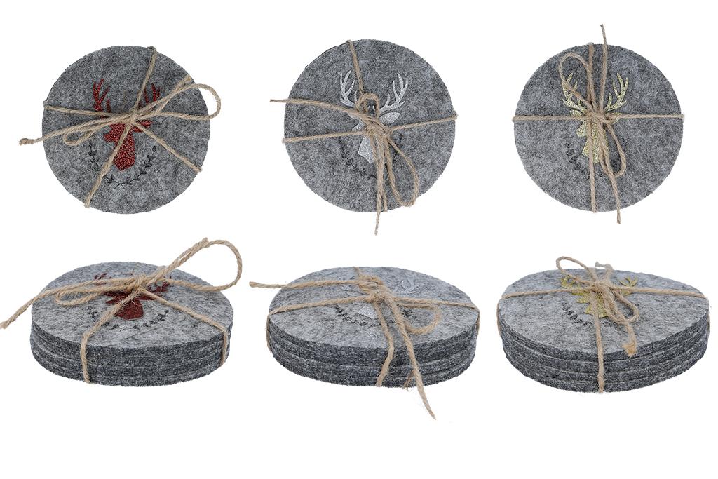 Untersetzer, sog. Glasuntersetzer Hirsch, Art. Nr. 705893, Foto siehe Anlage,
- als 4er Set mit einer Schleife aus Spinnstoffen an einem bedruckten Pappetikett verpackt,
- von runder Form, mit einem Durchmesser von laut Antrag 10 cm,
- laut Untersuchungsergebnis aus einem genadelten und mit Bindemittel verfestigten Vliesstoff aus
  synthetischen Chemiefasern (laut Antrag Polyester); somit nicht aus Filz,
- anders als quadratisch oder rechteckig zugeschnitten, somit konfektioniert (u. a. damit keine Ware
  der Position 5602),
- auf einer Seite mit einer Prägung und einem aufgeklebten, stilisierten Hirschkopf verziert,
- dient laut Antrag als Untersetzer für Gläser bei Tisch; wird insbesondere wegen des Materials üblicher-
  weise nicht gewaschen und kennzeichnet sich aufgrund des Verwendungszwecks und der Ausstattung
  als Ware zur Innenausstattung, somit keine Tischwäsche der Position 6302 und keine Ware der Position
  6307.

"Andere Ware zur Innenausstattung (Untersetzer), aus Spinnstoffen, keine Ware der Position 9404, aus
 Vliesstoffen, aus synthetischen Chemiefasern"
