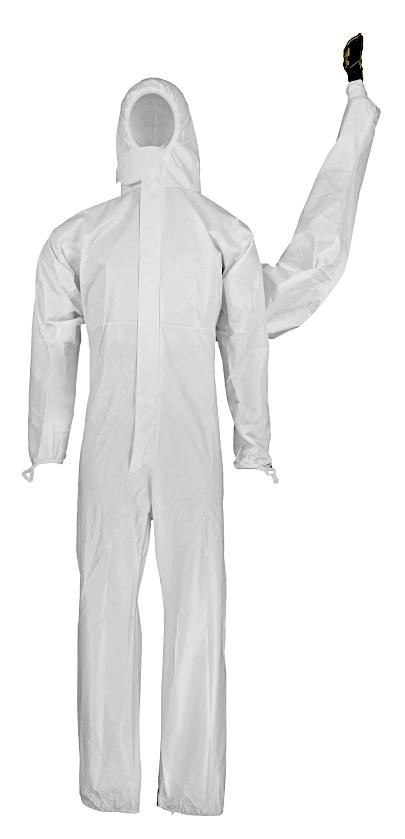 Overall, Größe XL, Foto siehe Anlage,
- in einem Polybeutel verpackt,
- aus ca. 0﻿,﻿2 mm dicken, einseitig (Außenseite) mit einer Kunststofffolie (kein Zellkunststoff) 
  laminierten Vliesstoffen der Position 5603 aus laut Antrag Polypropylen (synthetische 
  Chemiefasern),
- den ganzen Körper mit Ausnahme des Gesichts, der Hände und der Füße bedeckend,
- mit einer Kapuze,
- vorn mit einer im Bereich des Schritts endenden Öffnung mit Reißverschluss, verdeckt von
  einer Patte von links über rechts; am oberen Rand zusätzlich mit einem von links über rechts
  reichenden Riegel ausgestattet; Patte und Riegel können jeweils mittels eines Klebestreifens 
  verschlossen werden,
- an der Kapuze, hinten im Bereich der Taille sowie an den Arm- und Beinabschlüssen elastisch 
  verengt; an den Ärmelenden zusätzlich mit sog. Daumenschlaufen ausgestattet,
- am Rücken mit einer Durchgangsöffnung mit einem angenähten, schlauchartigen Zuschnitt 
  aus den oben genannten Vliesstoffen, flachliegend in den max. Abmessungen (L x B) von ca. 
  105 cm x 25 cm; am Ende mit einem angenähten Klettverschlussband ausgestattet; dient laut 
  Antrag als Schutzabdeckung für Fallschutzausrüstung,
- wird als Overall nicht vom Warenkreis der Unterposition (KN) 6210 1092 erfasst.

"Kleidung aus Erzeugnissen der Position 5603, kein Einwegkittel, von der durch Patienten bzw.
 Chirurgen bei chirurgischen Eingriffen verwendeten Art"