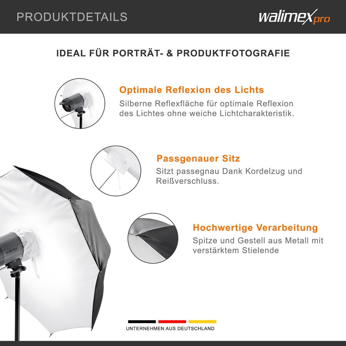 Sog.  Schirmsoftbox Reflektor, 109cm, in Form eines Schirmes aus Kunstfaser mit Metallstange, Durchmesser: 109 cm, der mit einem Kordelzug und einem Reißverschluss zur lichtdichten Umschließung eines Blitzlichtgeräts ausgestattet ist, mit silberner, reflektierender Innenfläche. Der Schirm wird als lichtreflektierendes Zubehör für Blitzlichtgeräte in der Porträtfotografie verwendet.
Die Ware ist in einem Karton verpackt.
Zur äußeren Form siehe Abbildung in Anlage,

Die Ware wird als "Zubehör, erkennbar hauptsächlich für Blitzlichtgeräte für fotografische Zwecke bestimmt" eingereiht.
