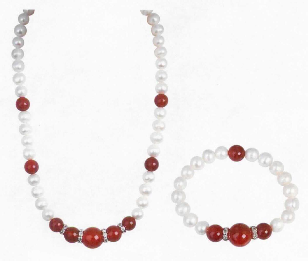 Zweiteiliges Set aus einer Halskette (Collier) und einem Armband, jeweils bestehend aus weißen Süßwasserzuchtperlen und roten Perlen aus Karneol (Schmuckstein), von denen einige ringförmig aufgebrachte Steinchen aus Zirkonia (synthetischer Schmuckstein) aufweisen; die Perlen sind auf eine sog. Gummi/Stahlseide-Schnur aufgefädelt,
- Collier mit einer Länge von etwa 45 cm, ausgestattet mit einer etwa 5 cm langen Verlängerungskette aus unedlem
   Metall und einem herzförmigen Karabinerverschluss aus unedlem Metall (Messing, rhodiniert),
- Armband mit einem Umfang von etwa 20 cm, ohne Verschluss,
- Antragstellerangaben -

Aufgrund des Wertes und der Anzahl verleihen die Süßwasserzuchtperlen den Waren ihren wesentlichen Charakter.

Abbildung siehe Anlage.

Derartige Erzeugnisse gehören als "Waren aus Zuchtperlen" zum TARIC-Code 7116 1000 00.