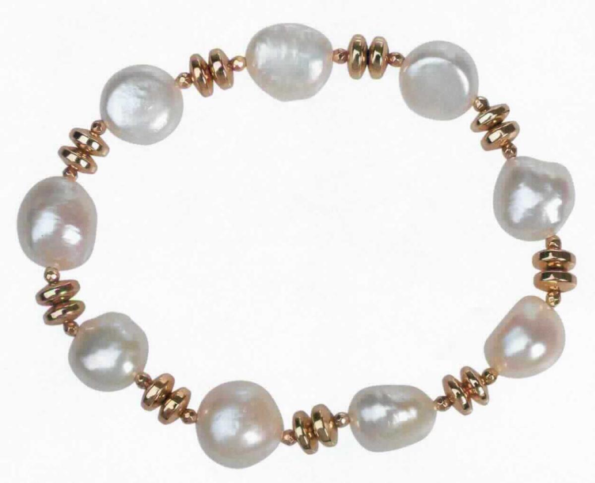 Armband aus Süßwasserzuchtperlen (weiß) und Hämatit (goldfarben), die Perlen und Schmucksteine sind auf eine Gummischnur aufgefädelt,
- Armband mit einer Länge von etwa 20 cm,
- ohne Verschluss,
- Antragstellerangaben -

Aufgrund des Wertes verleihen die Zuchtperlen der Ware ihren wesentlichen Charakter.

Abbildung siehe Anlage.

Derartige Erzeugnisse gehören als "Waren aus Zuchtperlen" zum TARIC-Code 7116 1000 00.