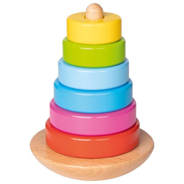 Nach den Angaben der Antragstellerin handelt es sich um ein Kinderspielzeug, bestehend aus einer am Boden abgerundeten Holzplatte, die mittig mit einem etwa 10 cm langen Holzstab versehen ist, und sechs unterschiedlich großen, verschiedenfarbig lackierten Holzringen (Durchmesser etwa 3,7 - 6,7 cm). Die Ringe sollen lose übereinander auf den Ständer gestapelt werden.
Die Ware dient der spielerischen Unterhaltung von Kindern und ist in einem bunt bedruckten Pappkarton verpackt.

Derartige Erzeugnisse werden zolltarifrechtlich als "anderes Spielzeug als in den Unterpositionen (KN) 9503 0010 bis 9503 0095 genannt, nicht aus Holz handgearbeitet" eingereiht.