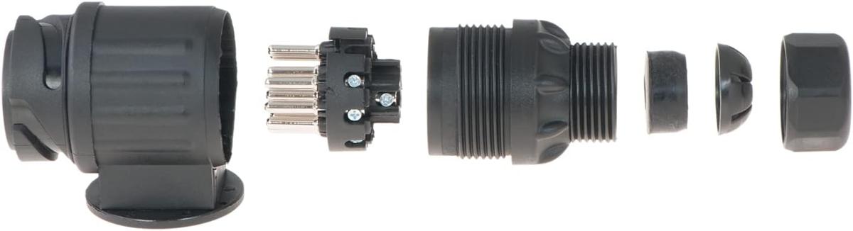 Stecker 13-polig,
- aus einem zusammenschraubbaren mehrteiligen Kunststoffgehäuse
  mit Bajonettverriegelung und einer 13-poligen Steckvorrichtung (13 Stifte) auf der einen Seite,
- einer Schraub-/ Klemmvorrichtung im Gehäuseinnenraum
  und Kabelausgang auf der anderen Seite,
- für eine Spannung von 12 V,
- dient der Verbindung zwischen Zug- und Anhängerfahrzeug,
- zum Herstellen einer elektrischen Verbindung durch Einstecken des entsprechenden Gegenstücks,
- nach Montage eines Kabels.

Die Ware ist als "elektrisches Gerät zum Verbinden von elektrischen Stromkreisen,
für eine Spannung von 1000 V oder weniger, Steckvorrichtung, nicht für Koaxialkabel,
gedruckte Schaltungen oder bestimmte Luftfahrzeuge,
nicht von den Taric-Codes 8536 6990 82 bis 8536 6990 86 erfasst" einzureihen.

Anlage: 1 Abbildung